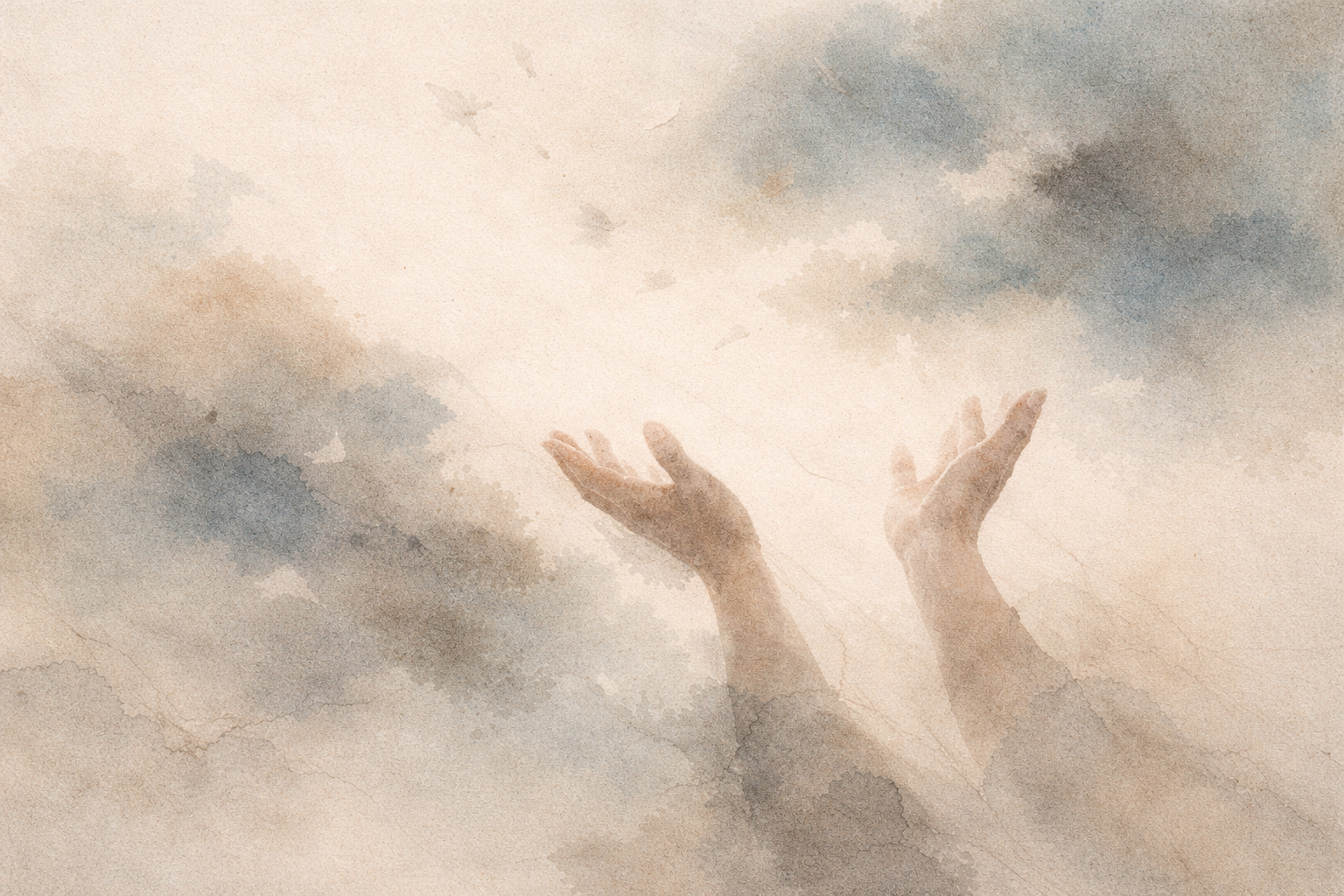 Watercolor-style illustration of two open hands gently reaching upward into soft mist and light. The gesture suggests release rather than defeat, symbolizing the Buddhist teaching that letting go is not giving up, but freeing the mind from attachment, allowing clarity, compassion, and wise action to arise.