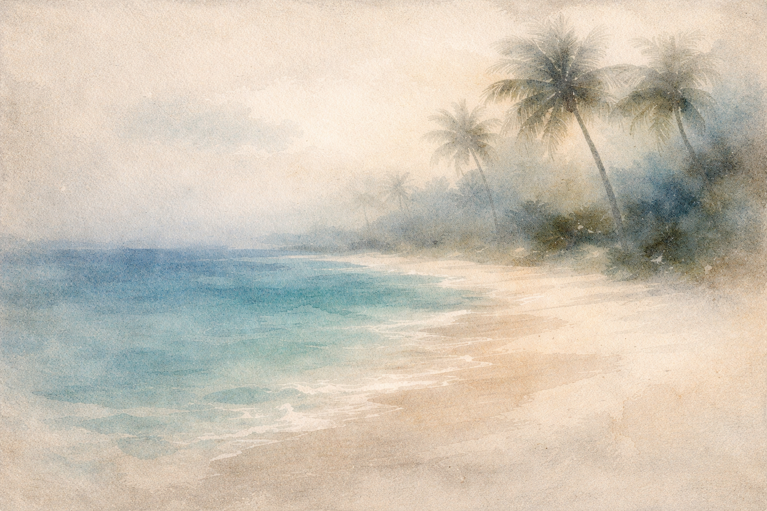 A quiet shoreline with soft waves and distant palm trees fading into mist, suggesting that nirvana is not emptiness as nothingness, but a peaceful release beyond grasping and confusion