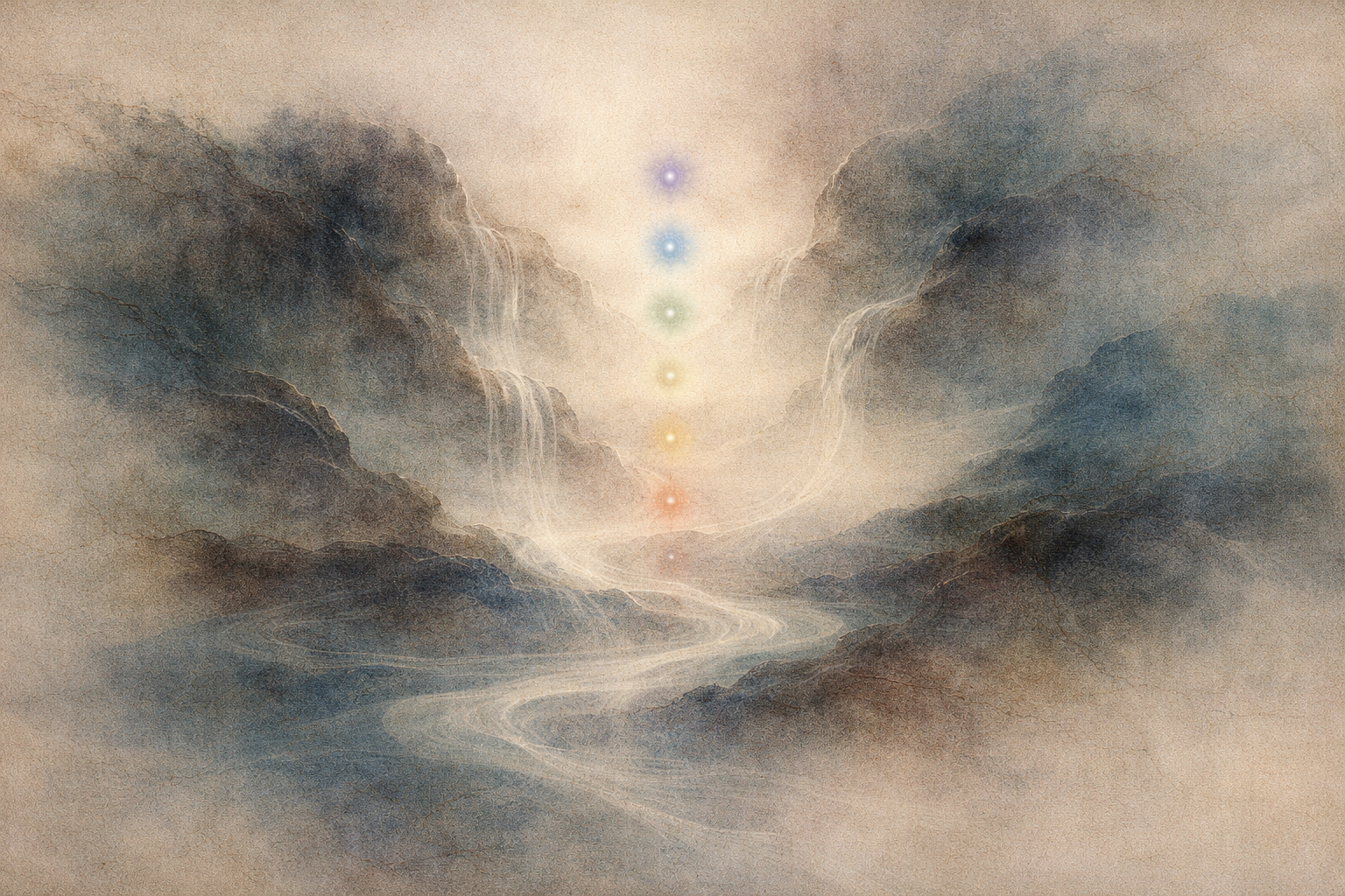 Abstract watercolor landscape of a winding path between mountains with softly glowing lights aligned vertically, symbolizing the Middle Way in Buddhism and the balance between extremes leading toward wisdom.
