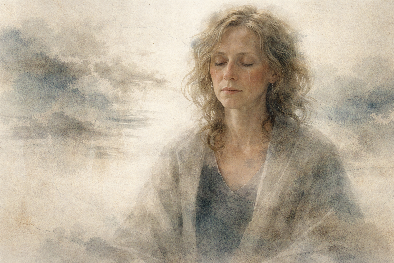 Soft watercolor-style portrait of a person with eyes closed in quiet concentration, surrounded by a calm, mist-like atmosphere, symbolizing thoughtful inquiry, reflection, and the search for evidence behind the Silva Method.