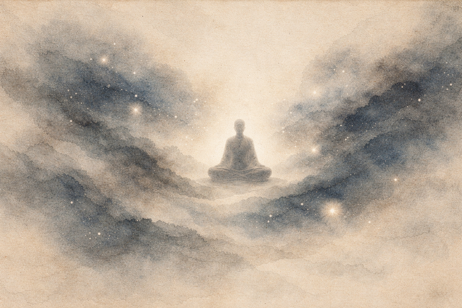 Soft watercolor-style image of a meditating figure surrounded by flowing, cloud-like forms and subtle points of light, symbolizing traditional Japanese meditation practices and the quiet depth of inner awareness.