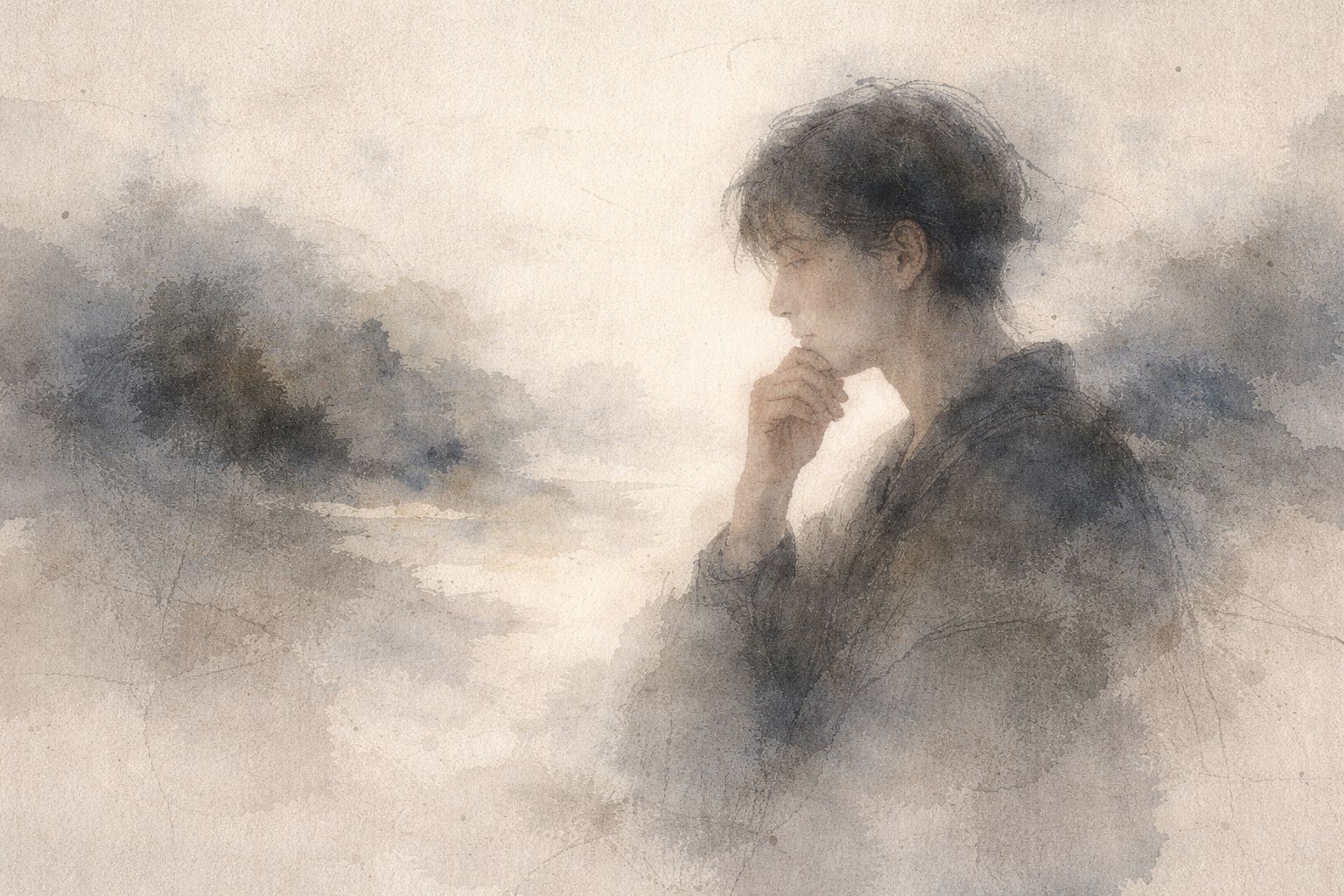 Soft watercolor-style portrait of a contemplative figure gazing into a misty landscape, symbolizing quiet reflection, simplicity, and the gentle depth of Japanese Zen wisdom about life.