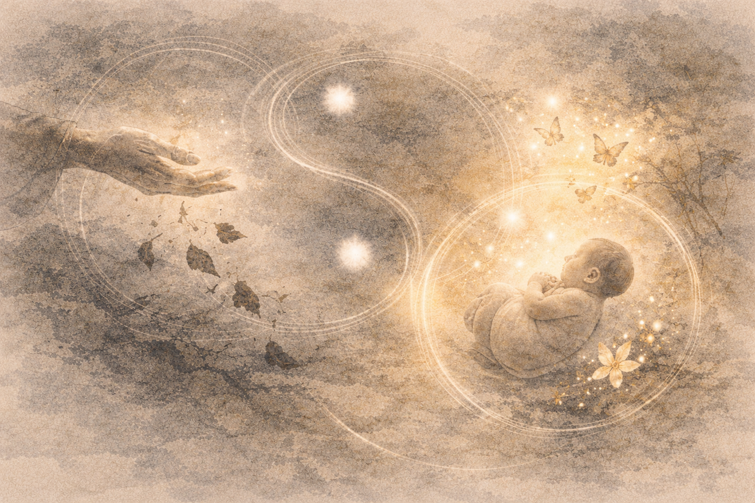 An open hand and a newborn surrounded by soft light and symbolic circular patterns, illustrating the relationship and difference between karma and rebirth in Buddhism