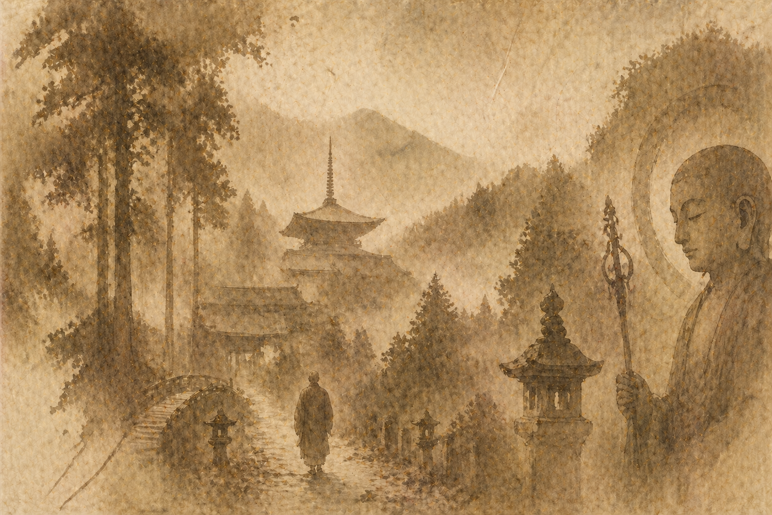 A misty path in Koyasan with a monk walking toward a pagoda, surrounded by dense forest, with a faint image of a Buddhist figure holding a staff, evoking depth, tradition, and spiritual atmosphere distinct from other temples