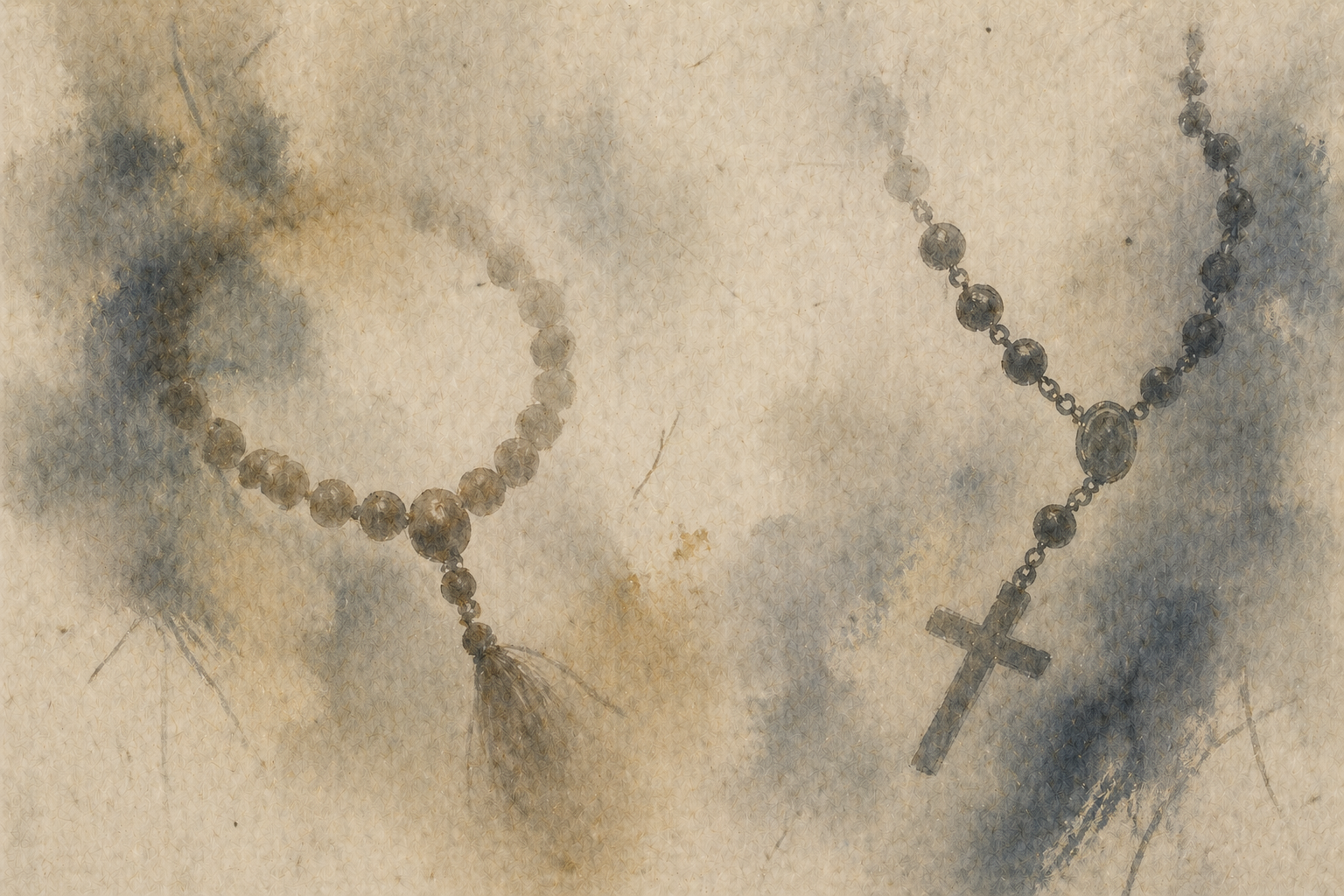 Two strands of prayer beads side by side—one a Buddhist mala with a tassel, the other a Christian rosary with a cross—set against a soft, neutral background, illustrating their different spiritual traditions and uses