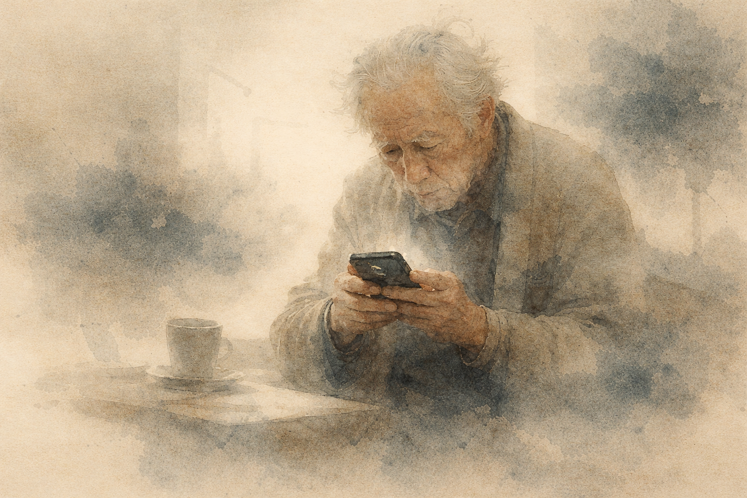 お茶のカップのそばで静かにスマートフォンの瞑想アプリを使用する高齢の人物を描き、穏やかな集中とシンプルで妨げのないマインドフルネス習慣を表現した柔らかな質感のイメージ。