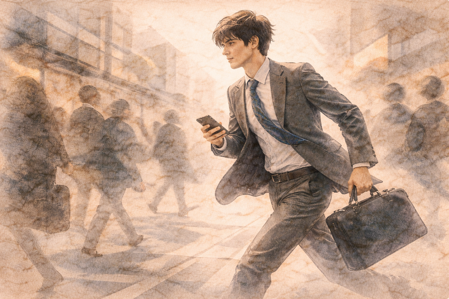 Watercolor-style image of a busy professional walking quickly through a crowded urban setting while looking at a smartphone, symbolizing modern stress and the search for practical meditation apps that help beginners manage anxiety in everyday life.