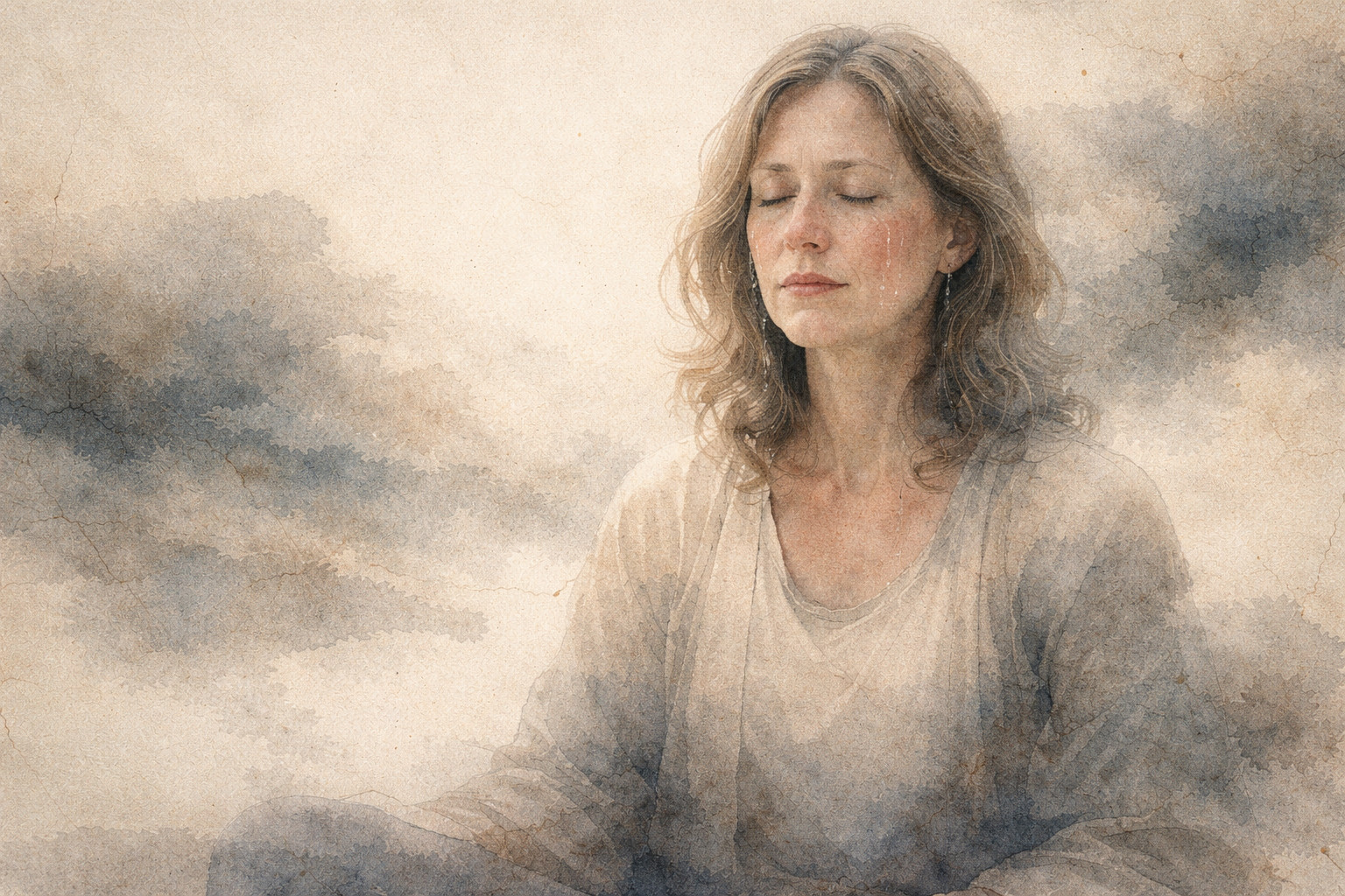 Watercolor-style image of a person sitting quietly with eyes closed, appearing emotional yet calm, symbolizing how meditation apps can help people experiencing overthinking slow down, regulate emotions, and return to a steady mental state.