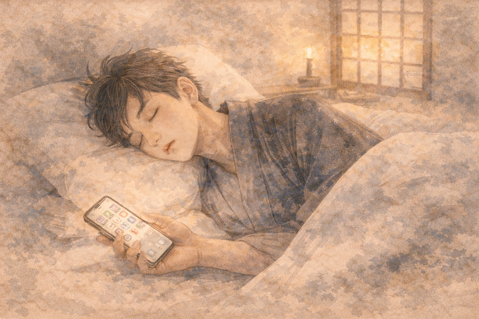 Watercolor-style image of a person peacefully asleep in bed while loosely holding a smartphone, with soft candlelight in the background, symbolizing the use of meditation apps to support relaxation and better sleep before bedtime.
