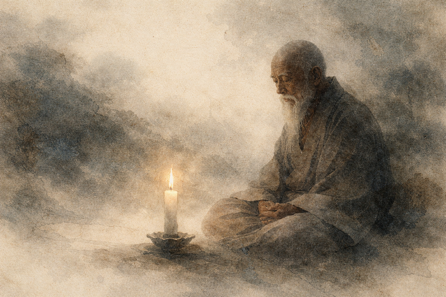 Watercolor-style image of an elderly meditator seated calmly beside a softly glowing candle, illustrating still posture, balance, and the quiet stability beginners aim for when learning how to sit during meditation.