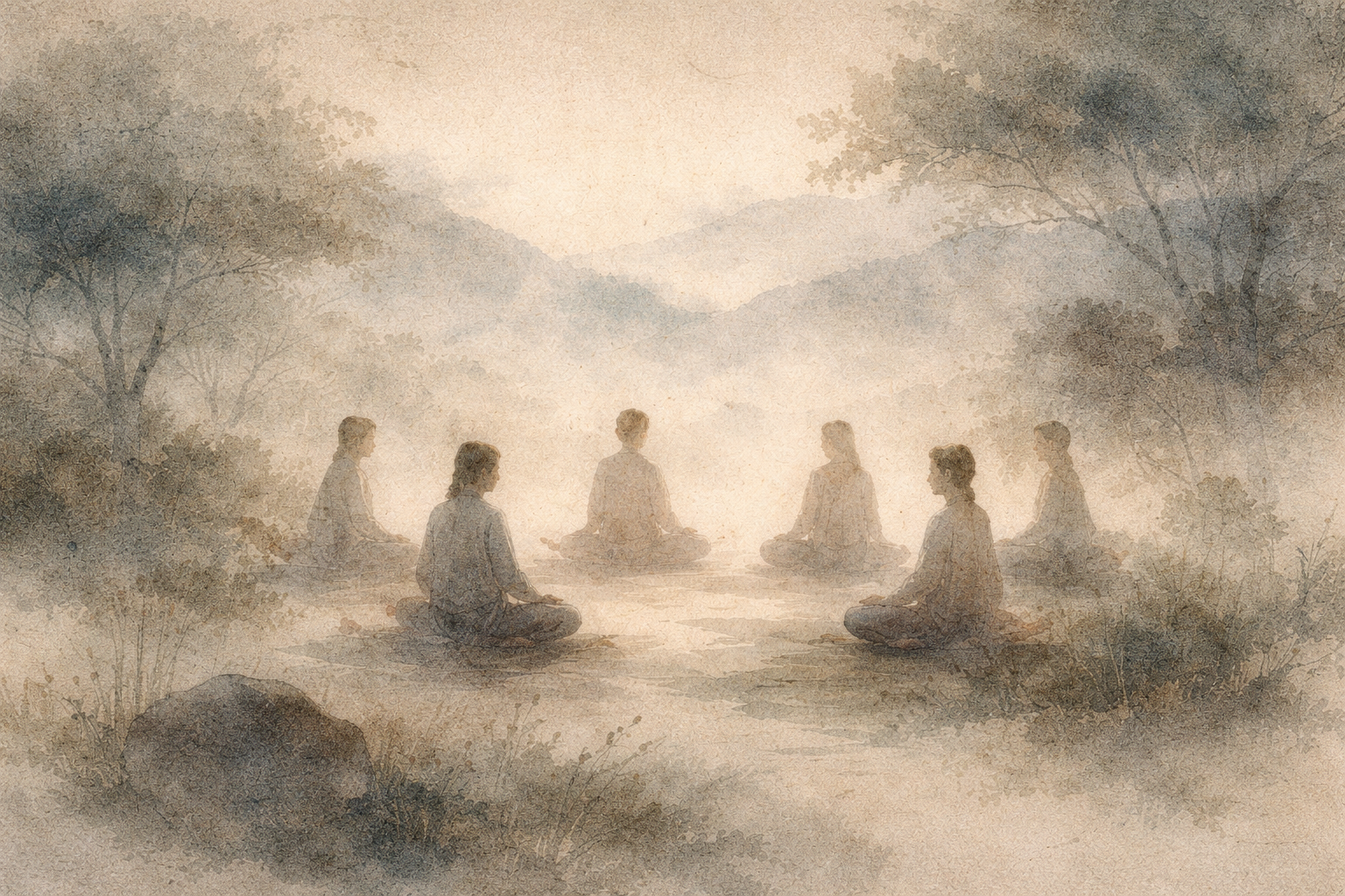 A small group sitting in meditation together in a peaceful natural setting, representing the contrast between immersive retreat experience and everyday meditation practice