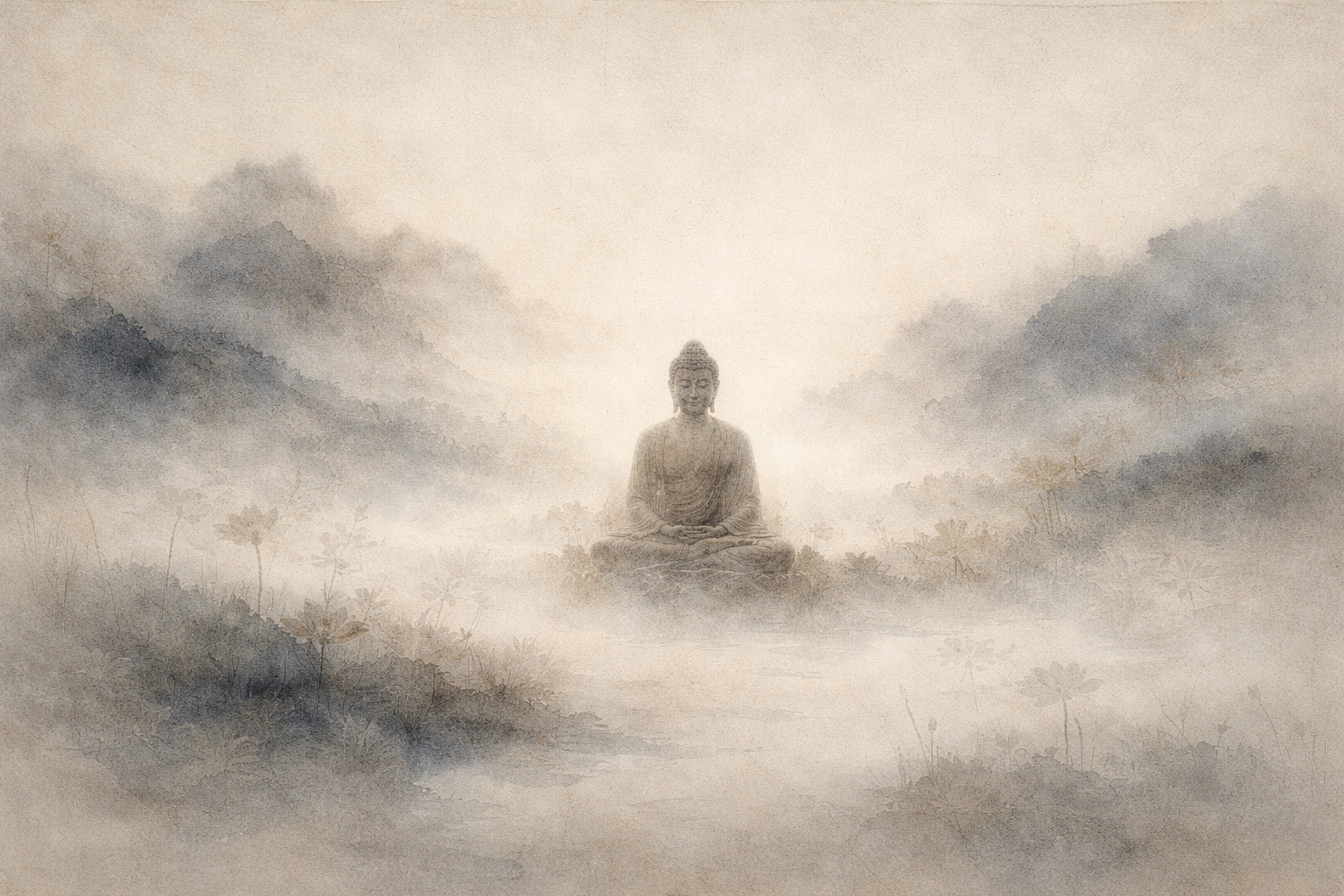 A serene Buddha figure emerging softly from misty mountains, symbolizing the subtle and difficult-to-express nature of nirvana in Buddhism