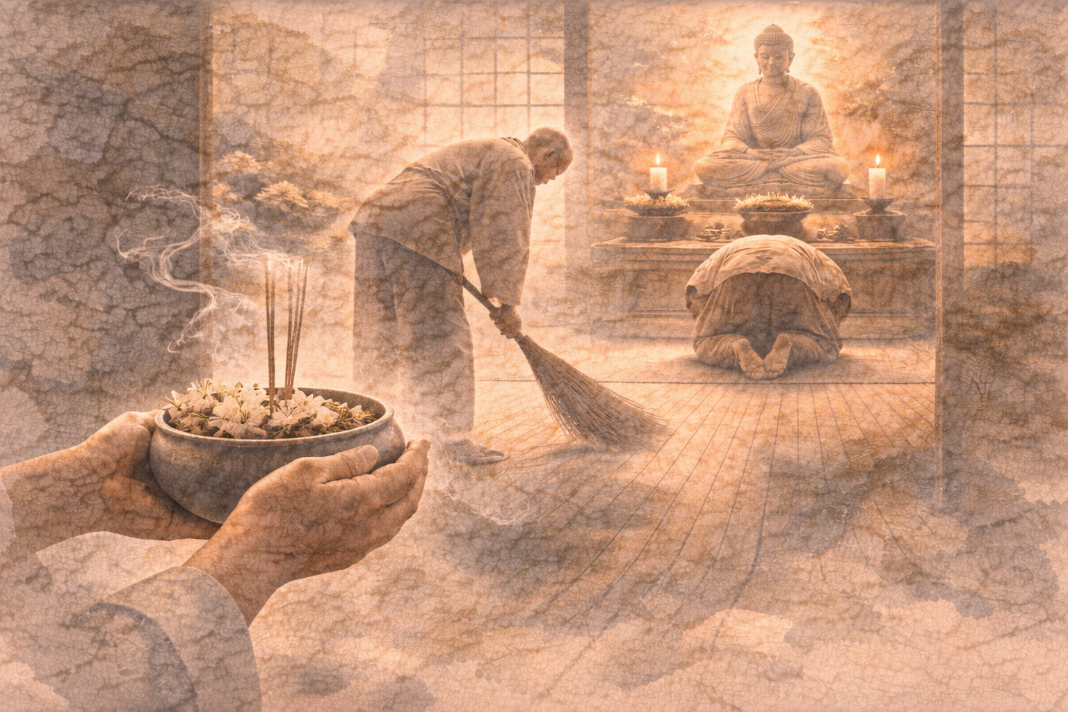 A layered scene shows hands offering incense, a monk sweeping, and another bowing before a Buddha statue—illustrating the relationship between intentional actions (karma) and the positive spiritual results they generate (merit)