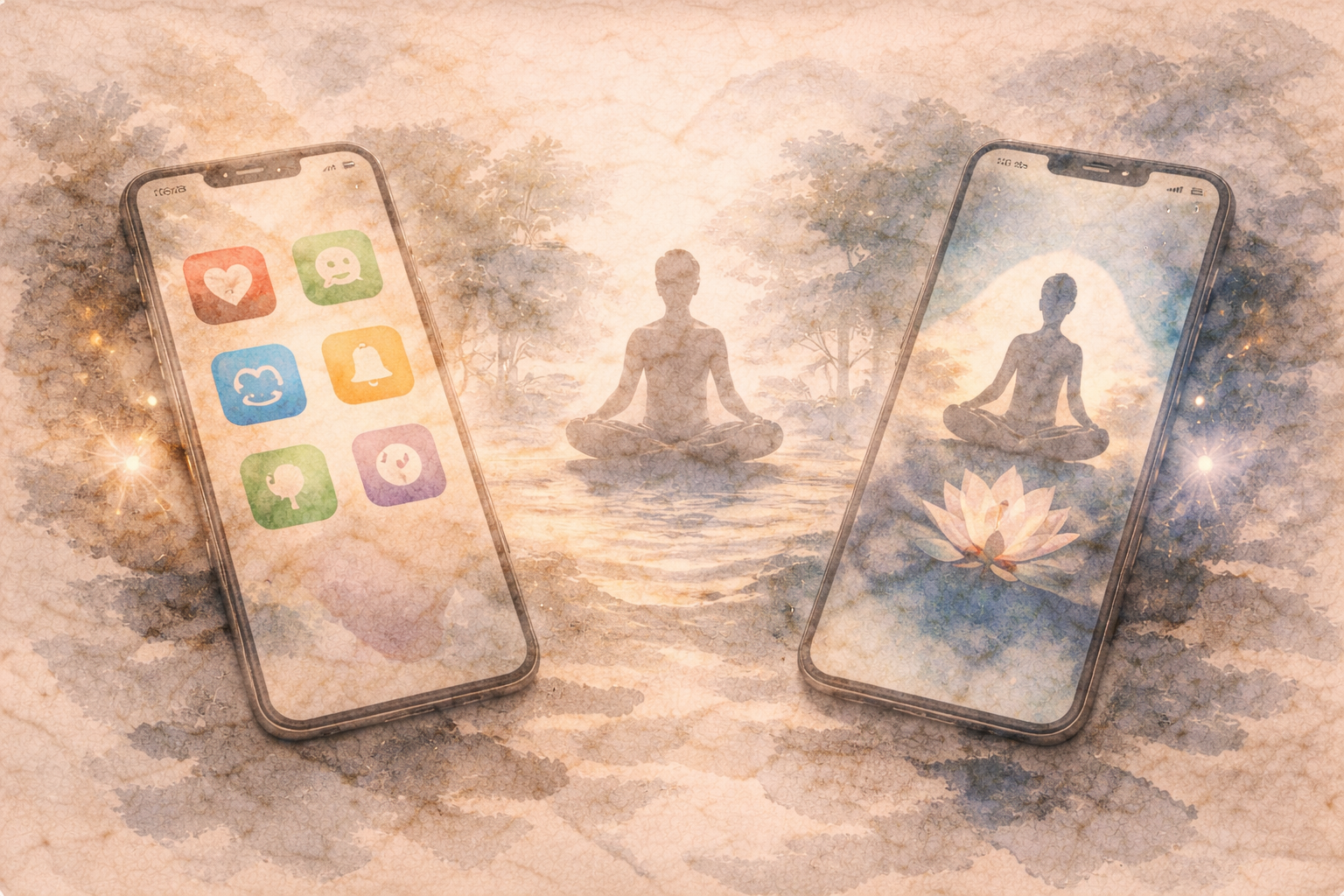 瞑想をテーマにした画面を表示する2つのスマートフォンと、静かに座る人物が描かれた水彩風イメージ。マインドフルネスアプリと瞑想アプリの違い、それぞれが提供する心の整え方のアプローチを象徴している。