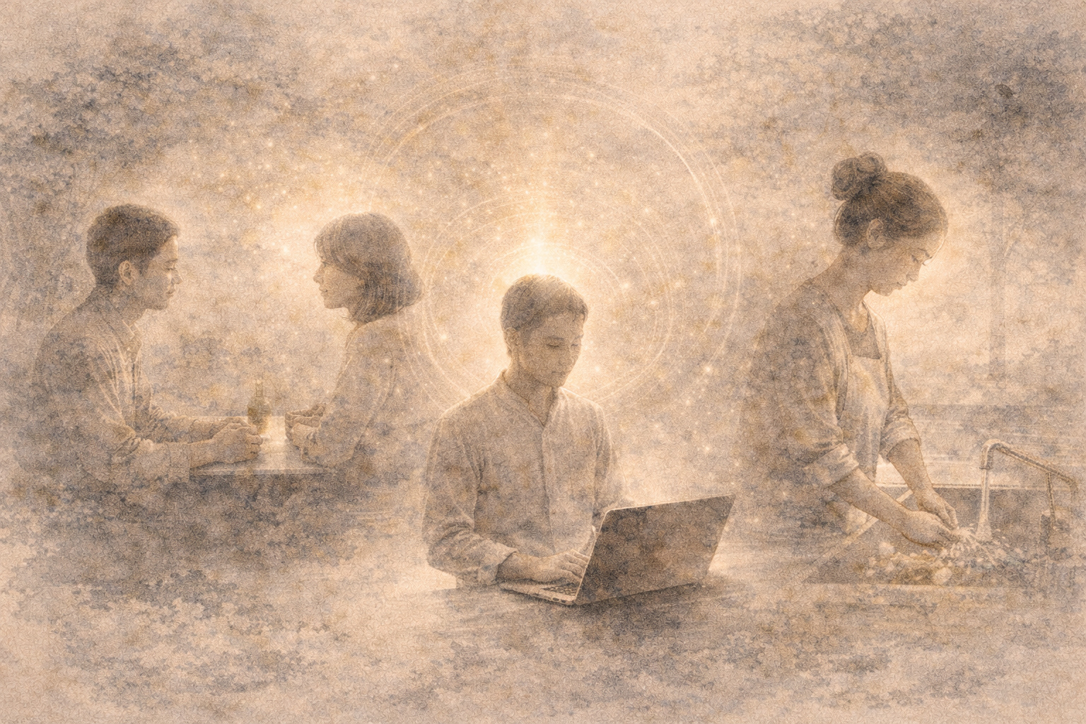 Everyday activities gently illuminated by a calm inner light, symbolizing why samadhi deepens awareness and presence in ordinary life