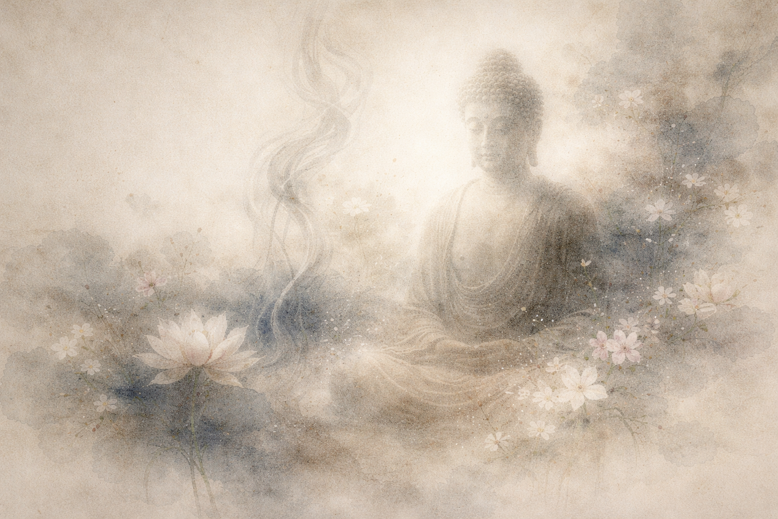 A serene Buddha figure surrounded by soft flowers and drifting incense, representing the different roles of spiritual guidance within Japanese Buddhism