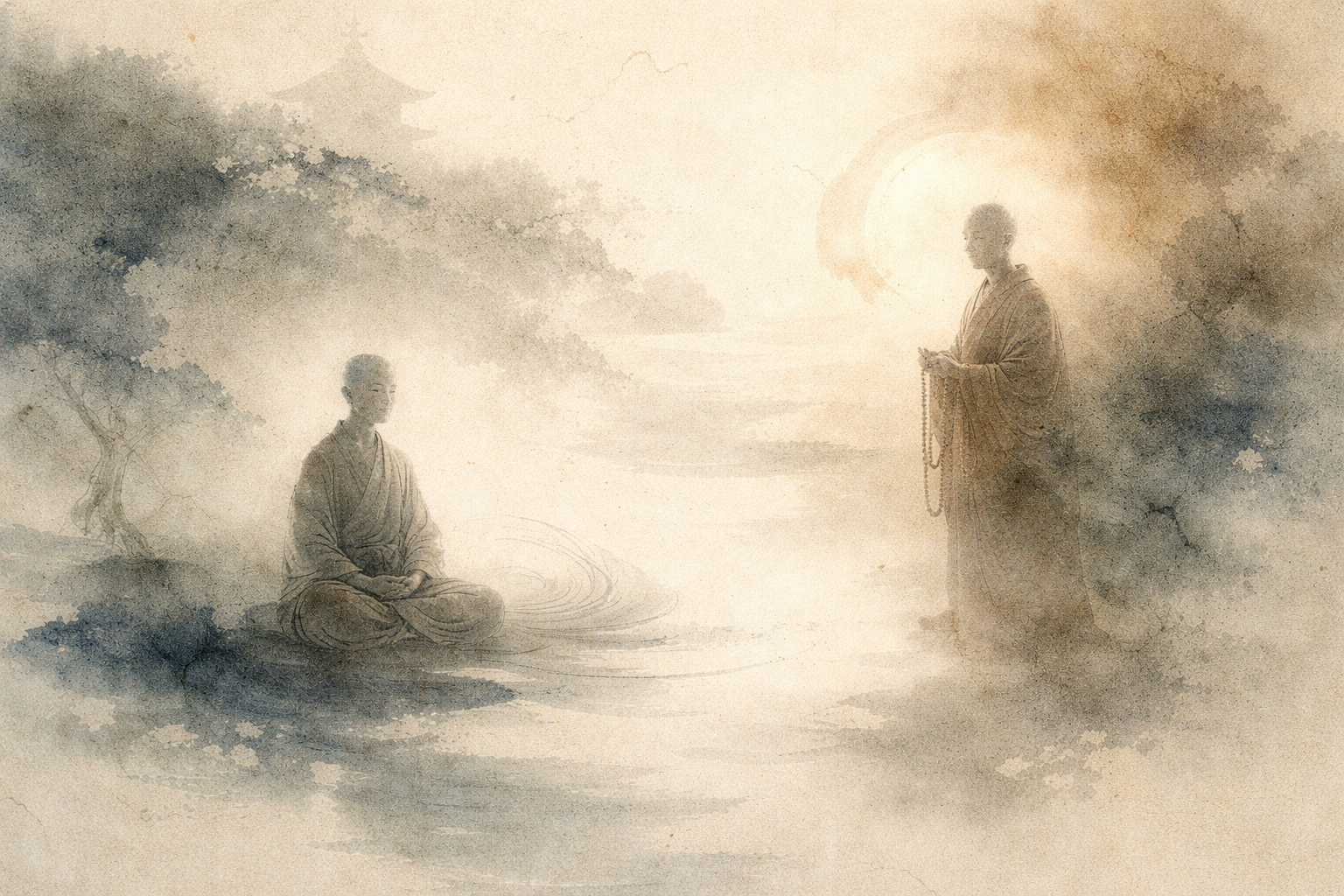 Two monks facing each other in a quiet landscape—one seated in silent meditation, the other holding prayer beads—symbolizing the contrast between Zen’s direct contemplative practice and Nichiren’s chanting-centered devotion