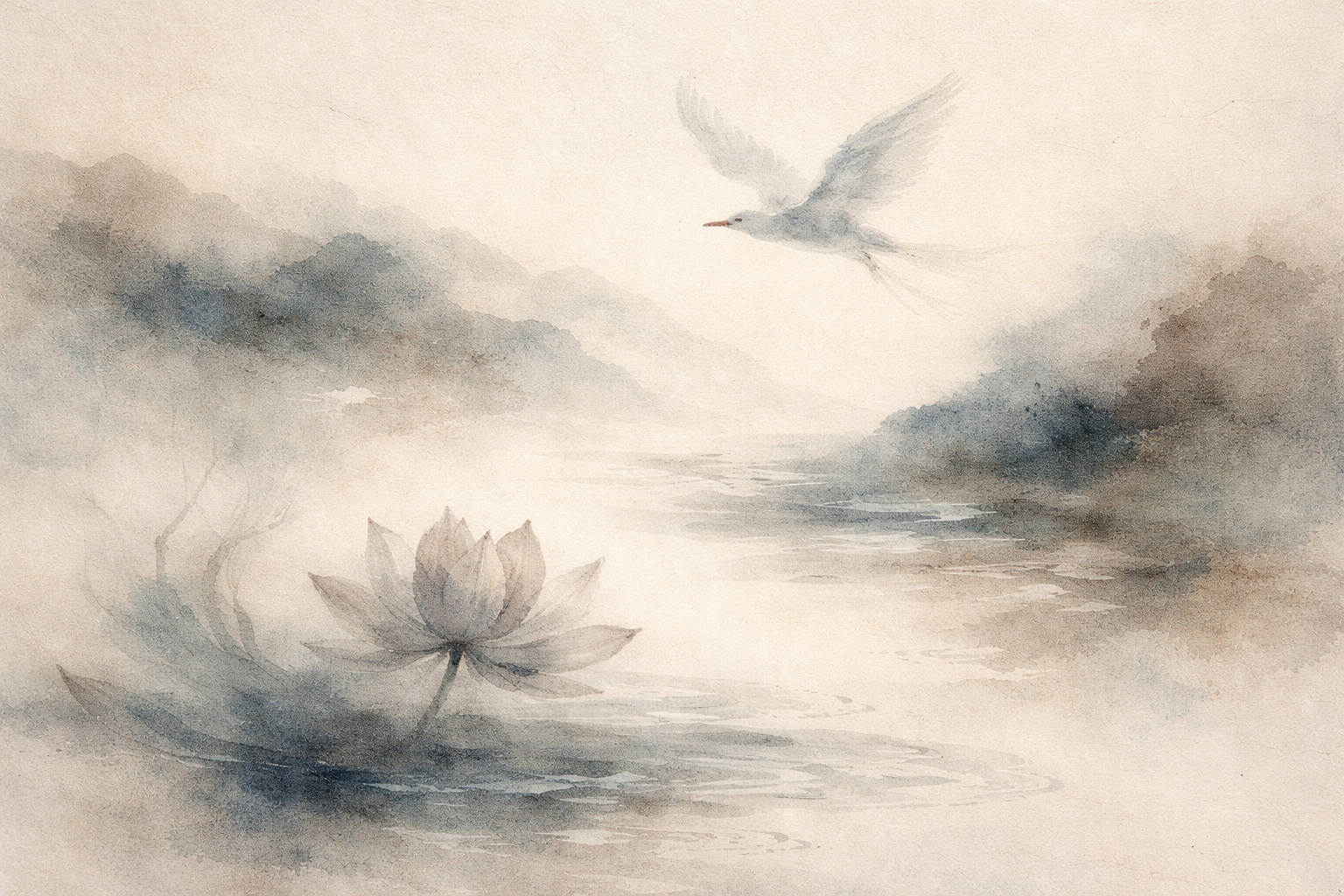 静かな水面から蓮の花が立ち上がり、鳥が空を自由に進む情景。涅槃が苦しみからの解放と執着からのやわらかな離れを象徴している