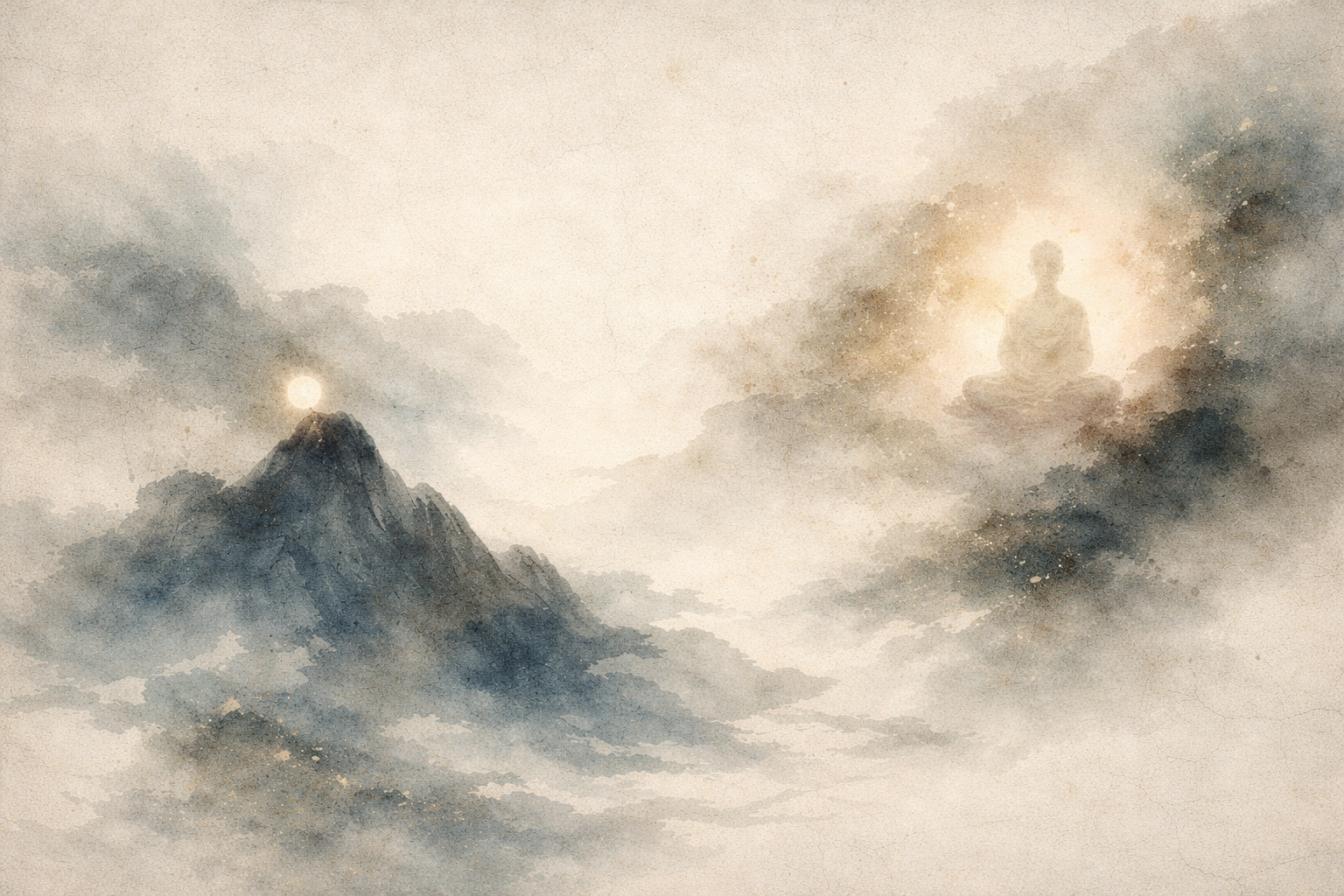 A quiet mountain peak beneath soft light alongside a serene meditating figure, symbolizing the subtle relationship between enlightenment as awakening and nirvana as liberation