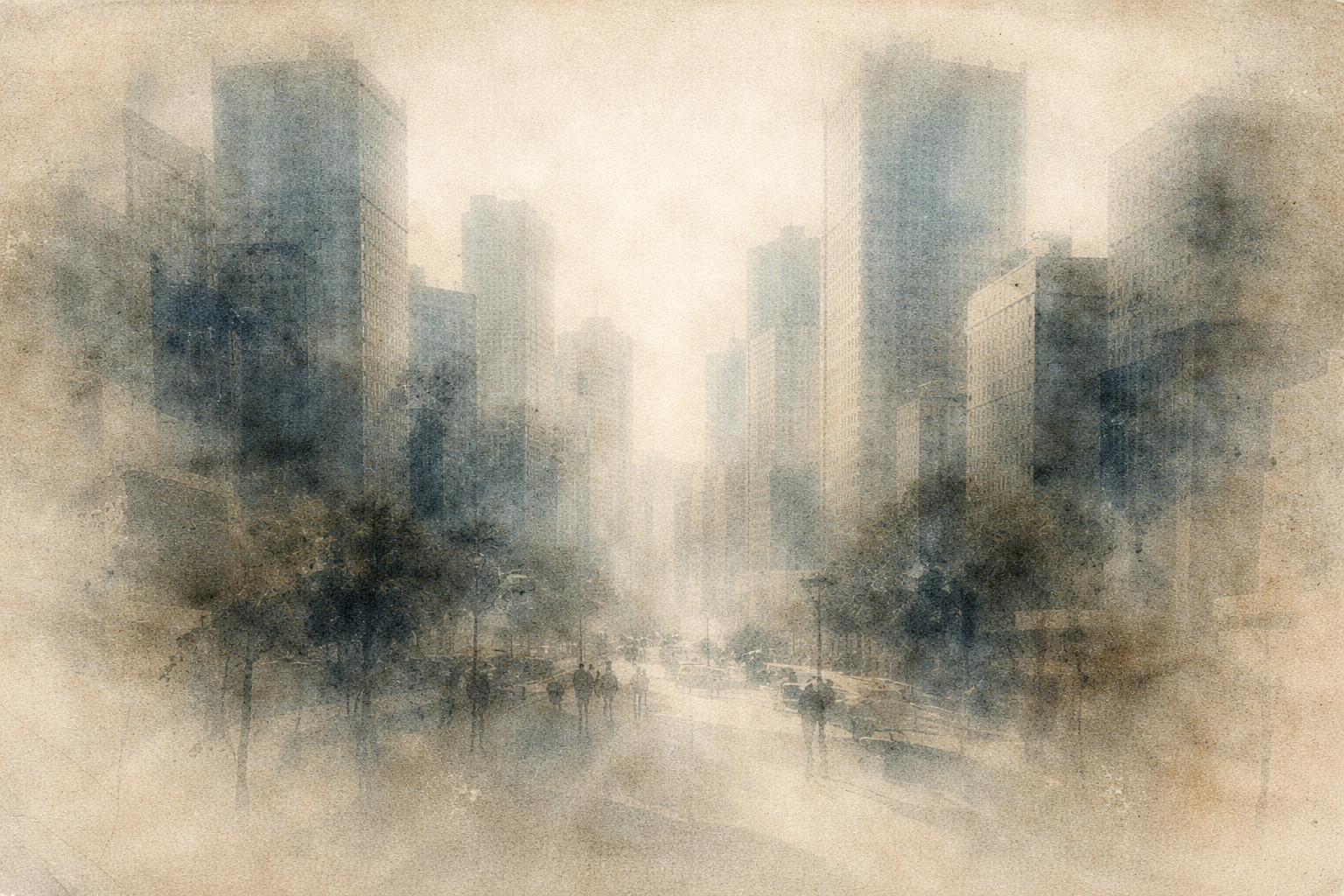 Soft watercolor-style cityscape with blurred figures walking among tall buildings, symbolizing movement through modern life while maintaining inner non-attachment in Buddhist teaching.