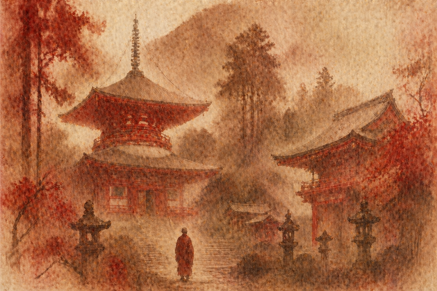 紅葉に囲まれた寺院の前に立つ一人の僧。気軽な参拝と、より意味のある巡礼という二つの在り方を静かに対比している風景