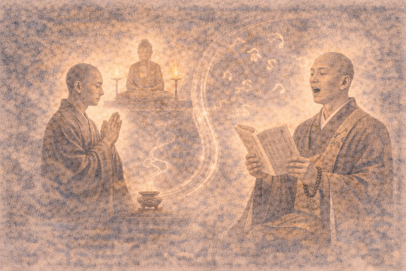 Two Buddhist practitioners, one with hands in prayer and the other chanting from a text before a Buddha image and incense, illustrating the difference between silent prayer and vocal chanting in Buddhist practice