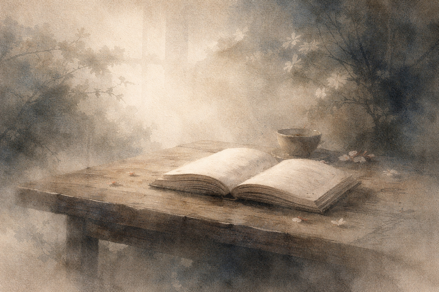 An open book rests quietly on a wooden table beside a simple cup, surrounded by a soft, natural setting—symbolizing reflection, personal understanding, and the gentle guidance of precepts rather than rigid rules in Buddhism
