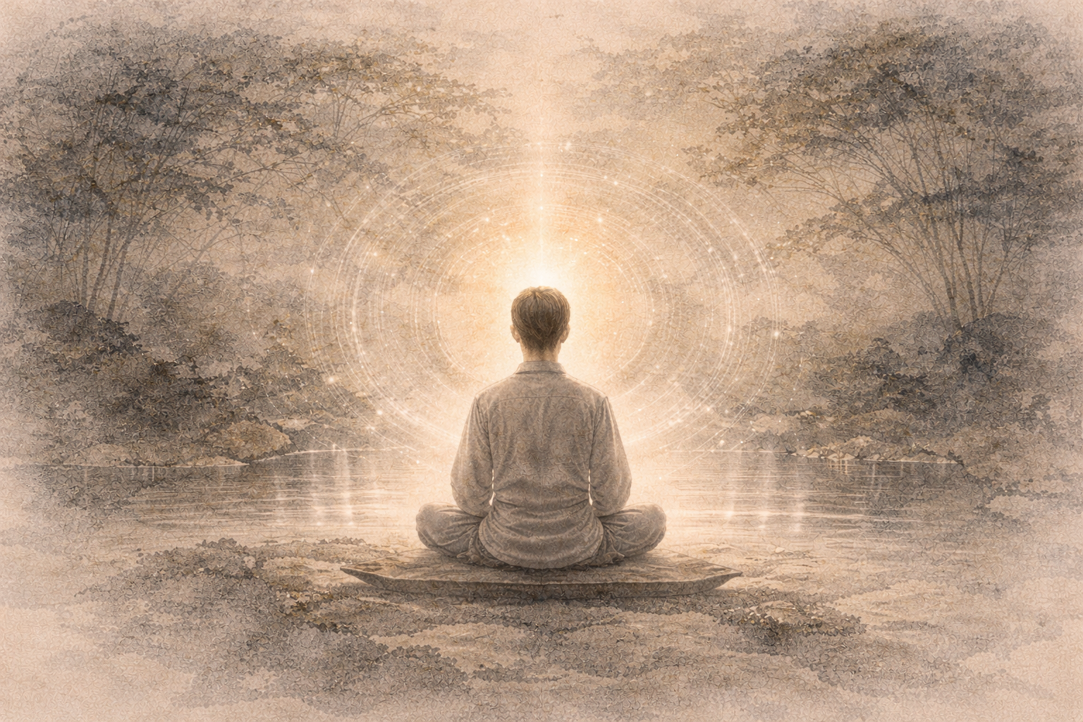 静かな水辺で瞑想する人物を包む放射状の光。仏教における三昧（サマーディ）と深い集中状態を象徴するイメージ