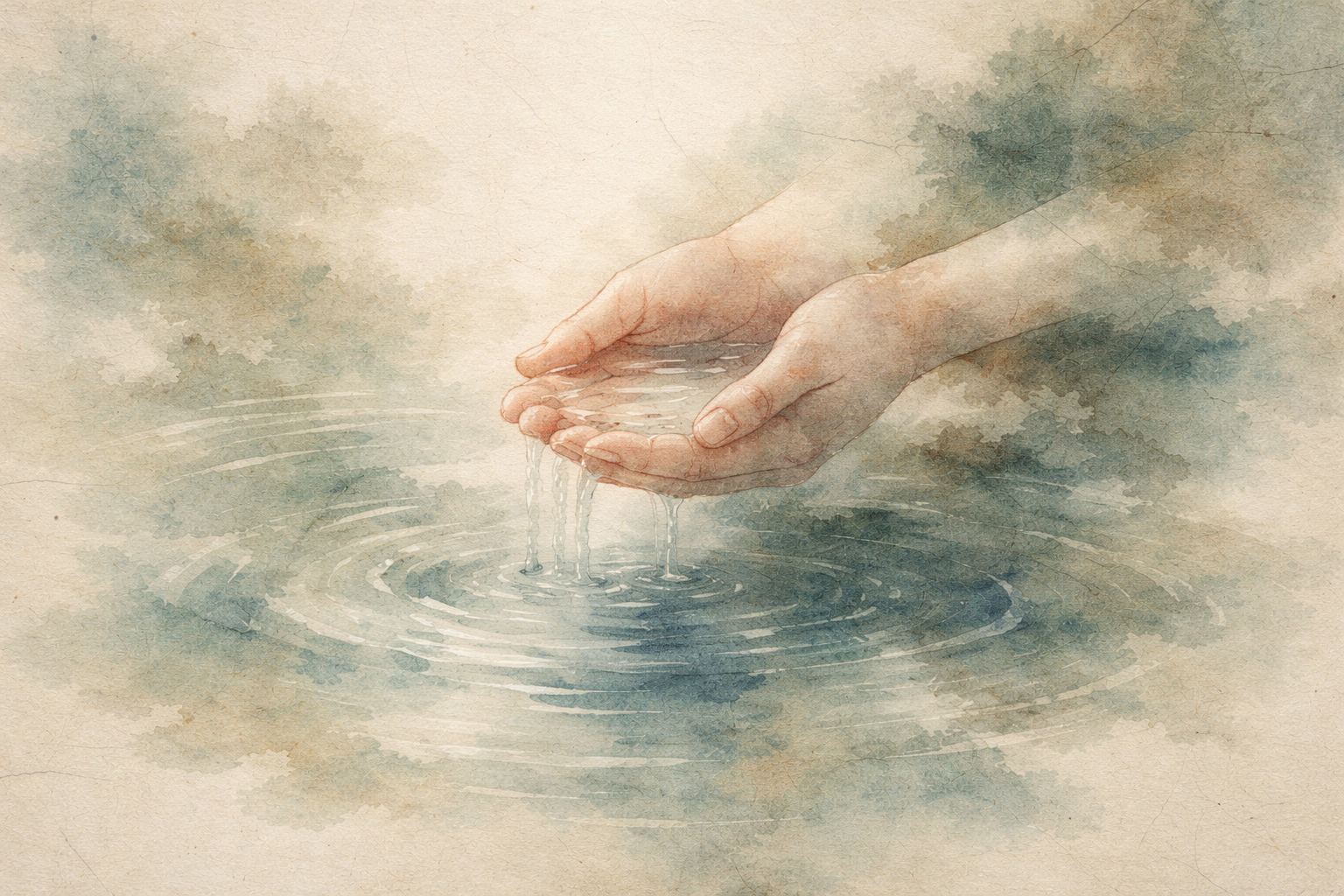 Hands gently holding water that flows back into a calm pool, symbolizing the subtle difference between samadhi and mindfulness in Buddhist practice