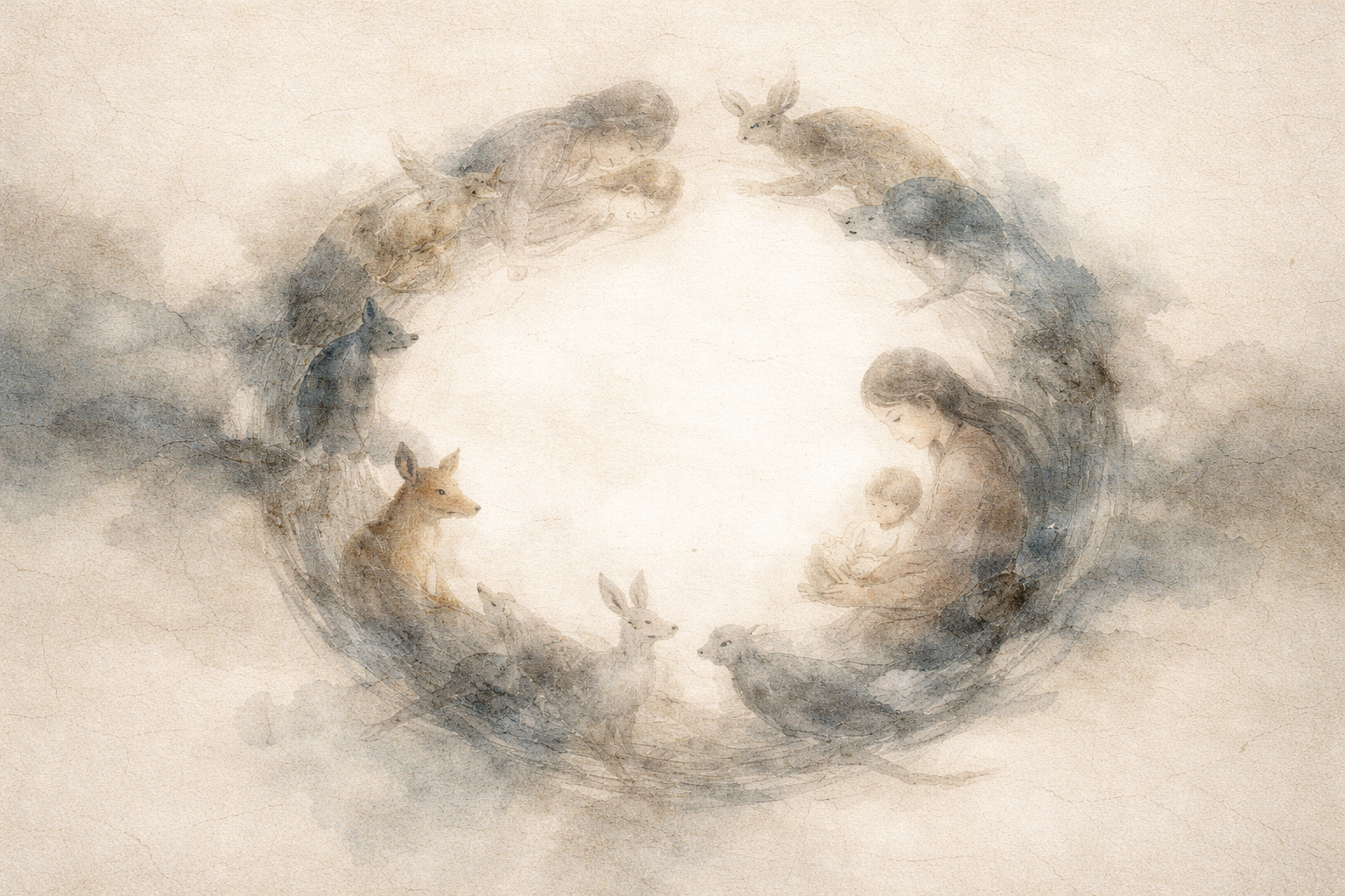 A gentle circular composition of humans and animals surrounding a mother and child, symbolizing the continuous cycle of life, rebirth, and interconnected existence in Buddhist thought