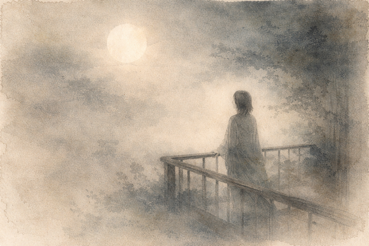 A solitary figure quietly gazing at the moon from a simple balcony, evoking the contrast between symbolic contemplative practices and direct experiential awareness in Shingon and Zen traditions