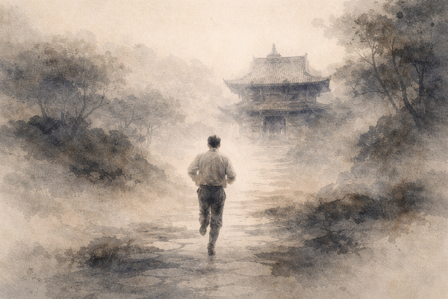 A person moving quietly along a soft, misty path toward a temple, symbolizing how even short guided breathing moments can create small pauses of clarity within a busy life