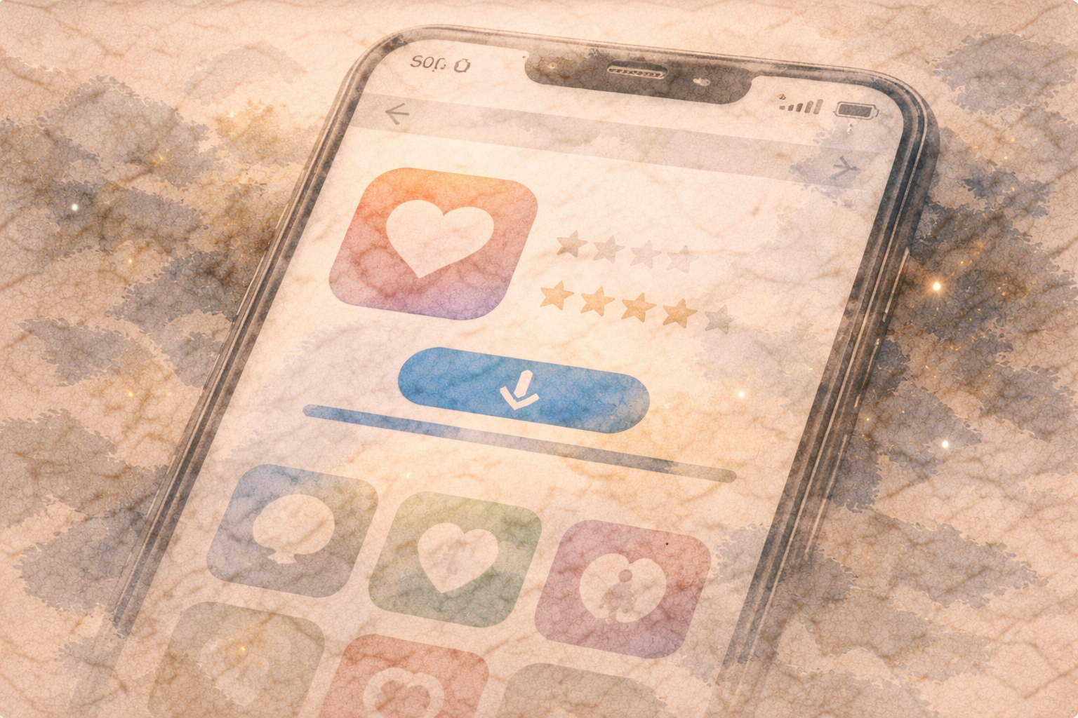 Watercolor-style close-up of a smartphone displaying meditation app icons, ratings, and a download button, symbolizing quick, accessible short-session meditation options designed for busy lifestyles.