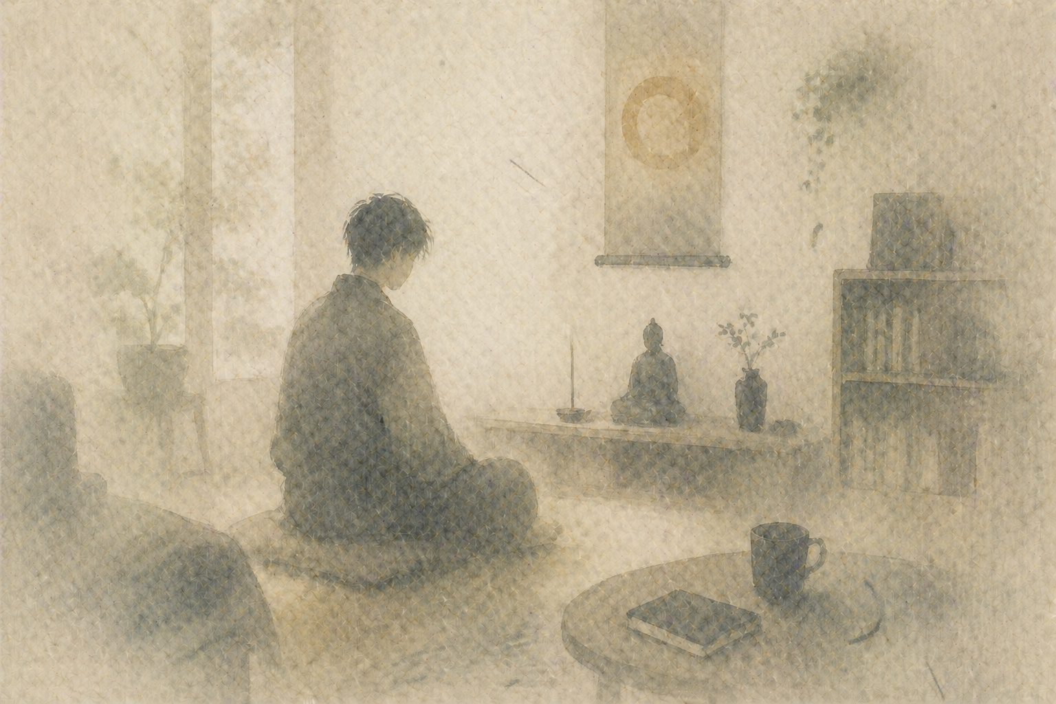 Soft, muted watercolor scene of a person sitting in quiet meditation before a small home altar with a Buddha statue, incense, and a simple room setting—suggesting personal practice, reflection, and learning at one’s own pace