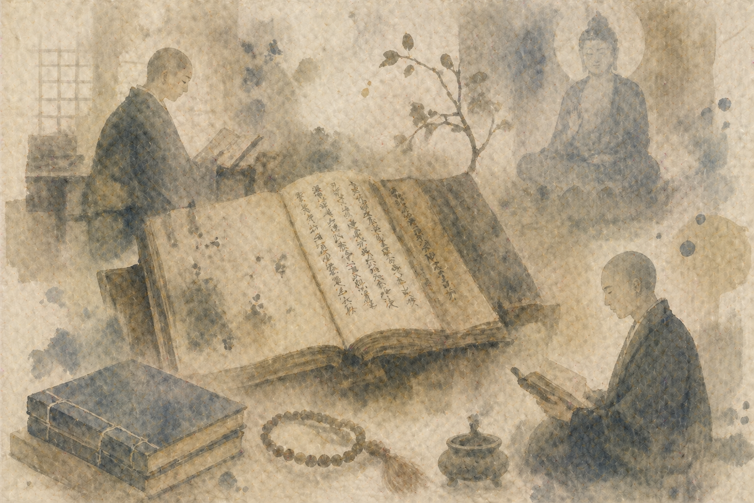 An open Buddhist scripture at the center, surrounded by practitioners reading and reflecting—contrasting primary teachings (sutras) with layered interpretations (commentaries) in a calm, contemplative setting