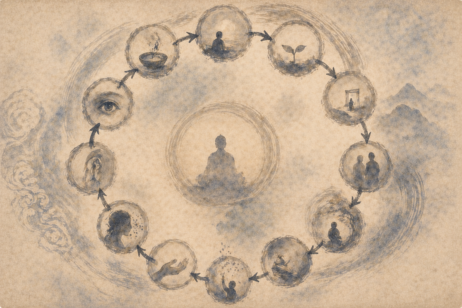 A circular visual diagram showing symbolic scenes connected in sequence around a meditating figure, representing the 12 links of dependent origination and the cyclical nature of cause and effect in Buddhist teaching