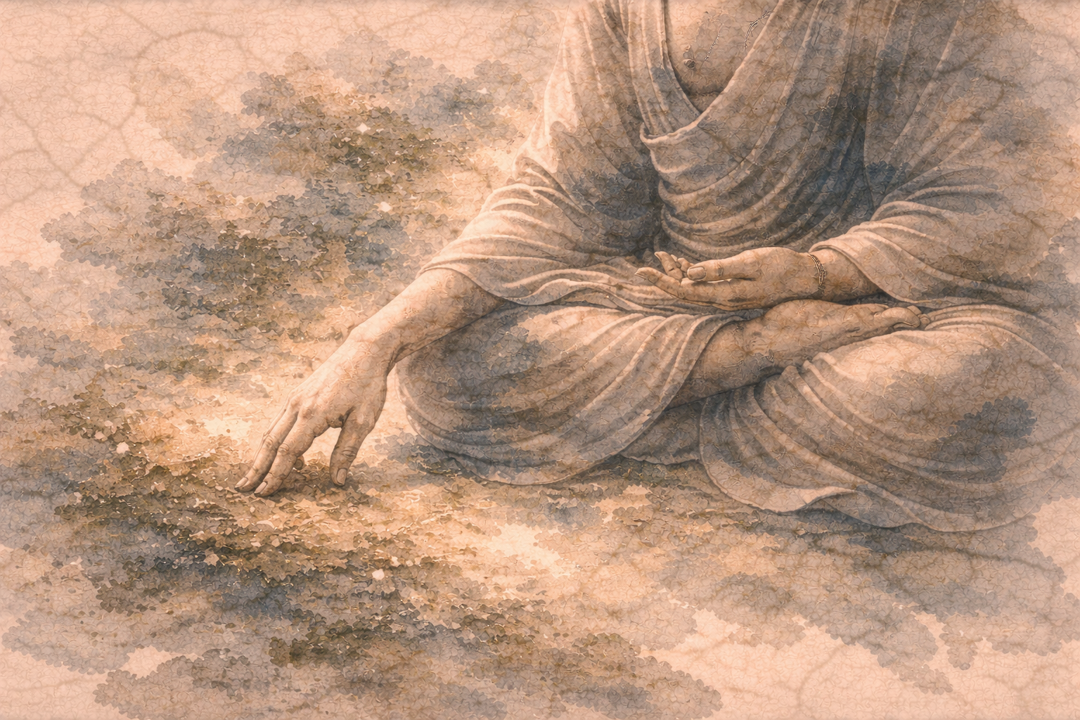Abstract depiction of a Buddha figure seated in meditation with one hand touching the earth, rendered in soft layered ink textures that evoke grounding, stability, and the symbolic moment of calling the earth to witness awakening in Buddhist tradition.