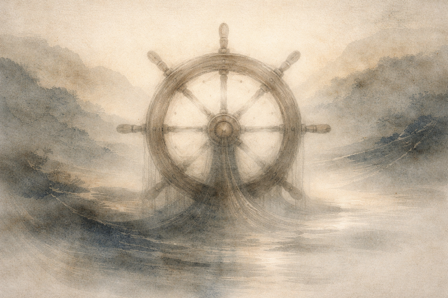 A symbolic Dharma wheel emerging from flowing water in a soft watercolor landscape, representing the Eightfold Path as the guiding framework for Buddhist practice and balanced living.