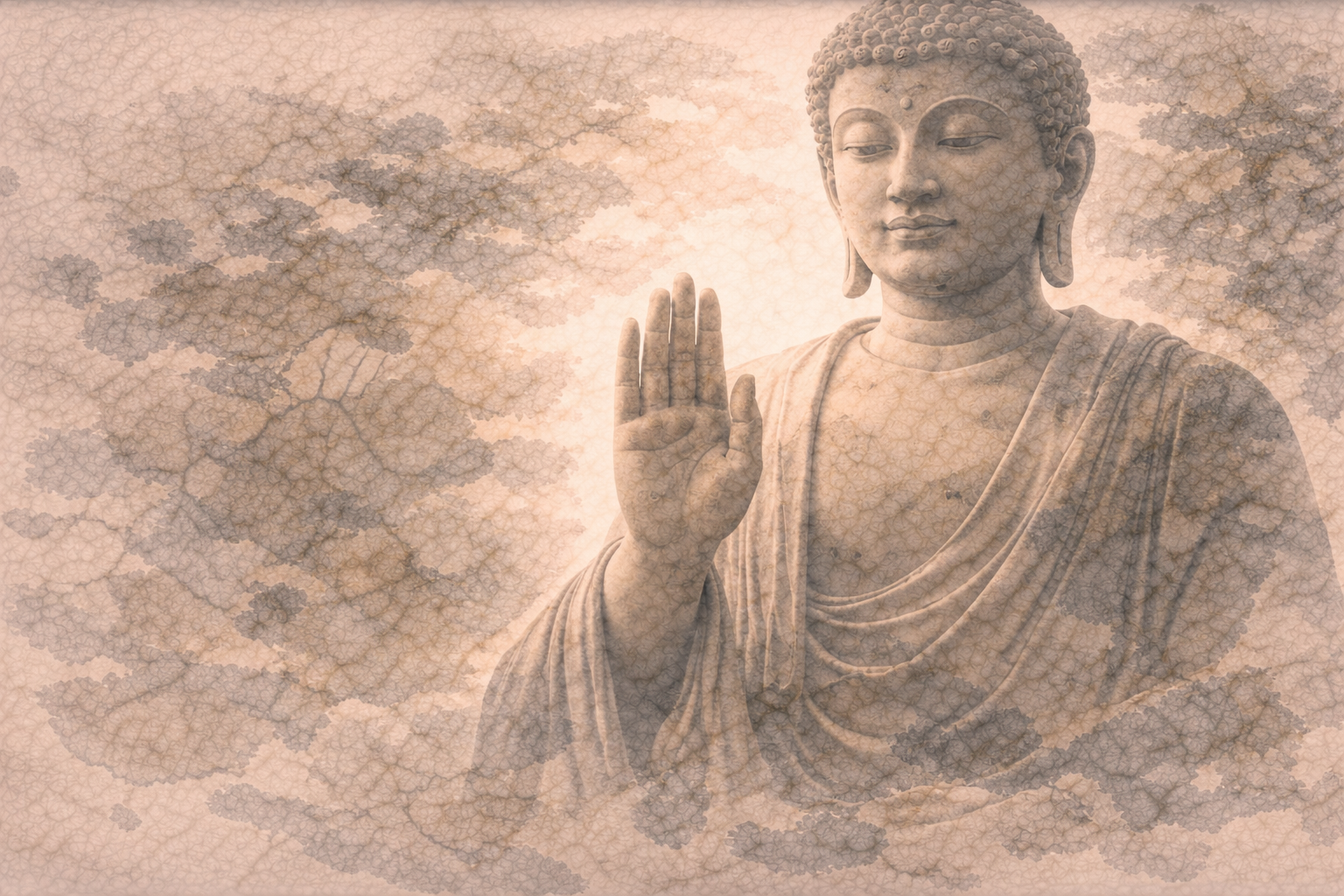 Abstract depiction of a Buddha figure raising one hand in the fearlessness mudra, rendered in soft layered ink textures that evoke reassurance, protection, calm confidence, and the release of fear in Buddhist symbolism.