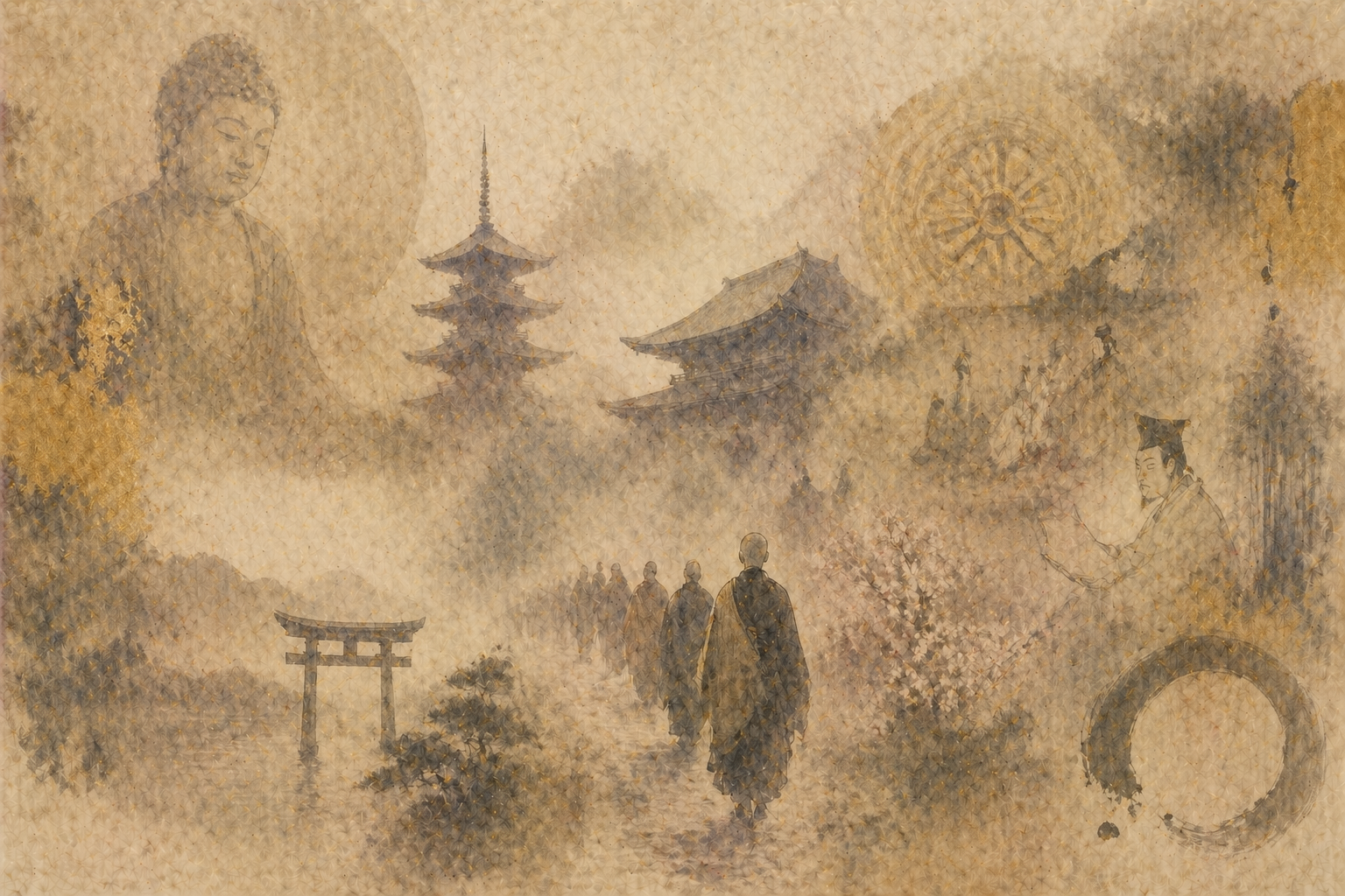 A layered, dreamlike scene showing monks walking through a traditional Japanese landscape with a pagoda, torii gate, and faint figures of the Buddha and historical practitioners—symbolizing the long history of Buddhism in Japan
