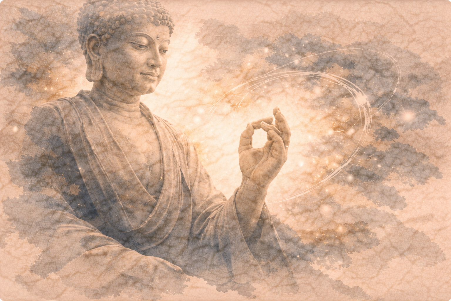 Abstract depiction of a Buddha figure forming the meditation mudra, rendered in soft ink textures that evoke stillness, balance, and focused awareness, symbolizing inner stability and the unity of concentration and wisdom.