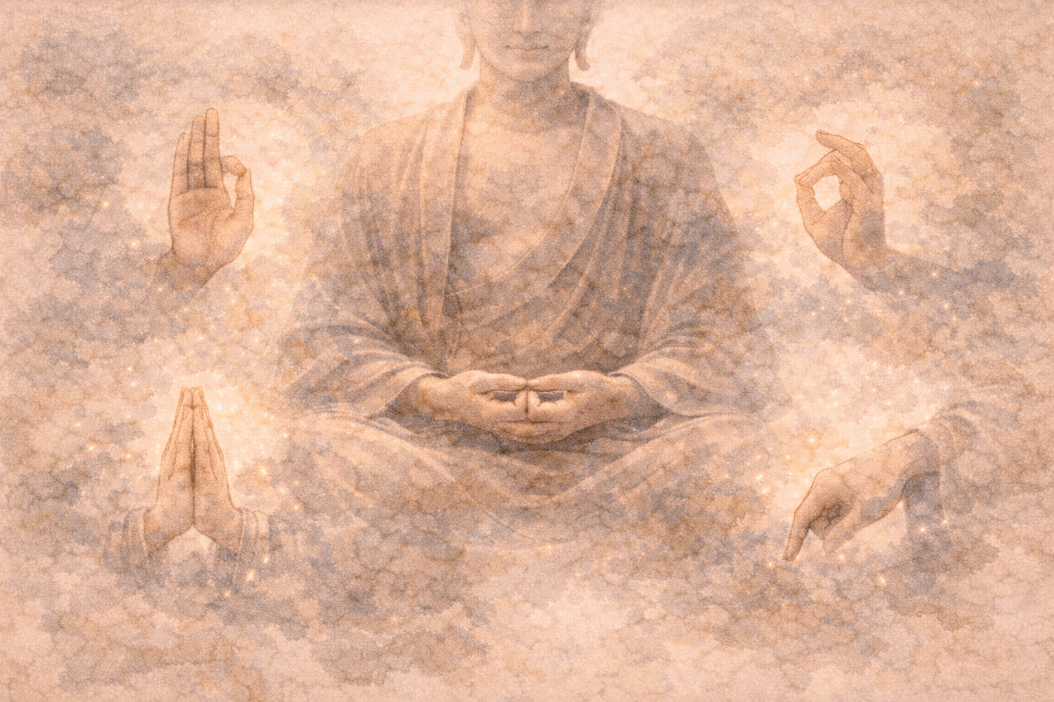 やわらかな重なりのある墨の質感の中で、複数の象徴的な手の形に囲まれた仏像を描き、智慧の伝達や導き、気づきの共有を象徴する説法のムドラーを表現した抽象的なイメージ。