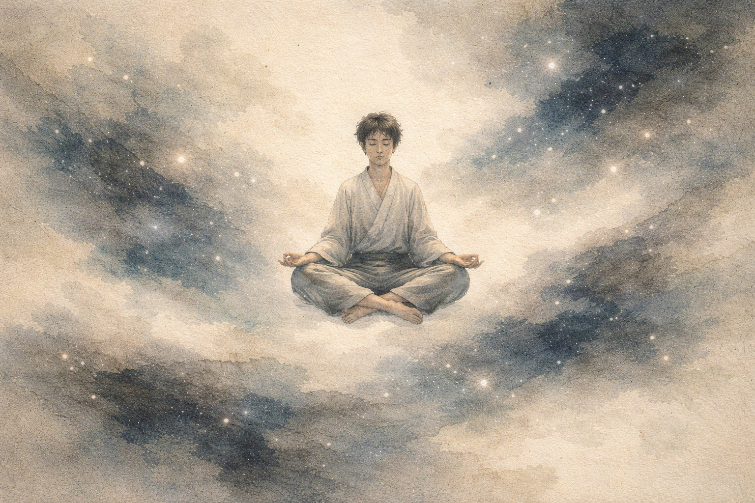 Soft watercolor-style image of a person meditating within a luminous, spacious atmosphere filled with subtle light particles, symbolizing expanded awareness, deep inner stillness, and the distinctive transcending quality of Transcendental Meditation.