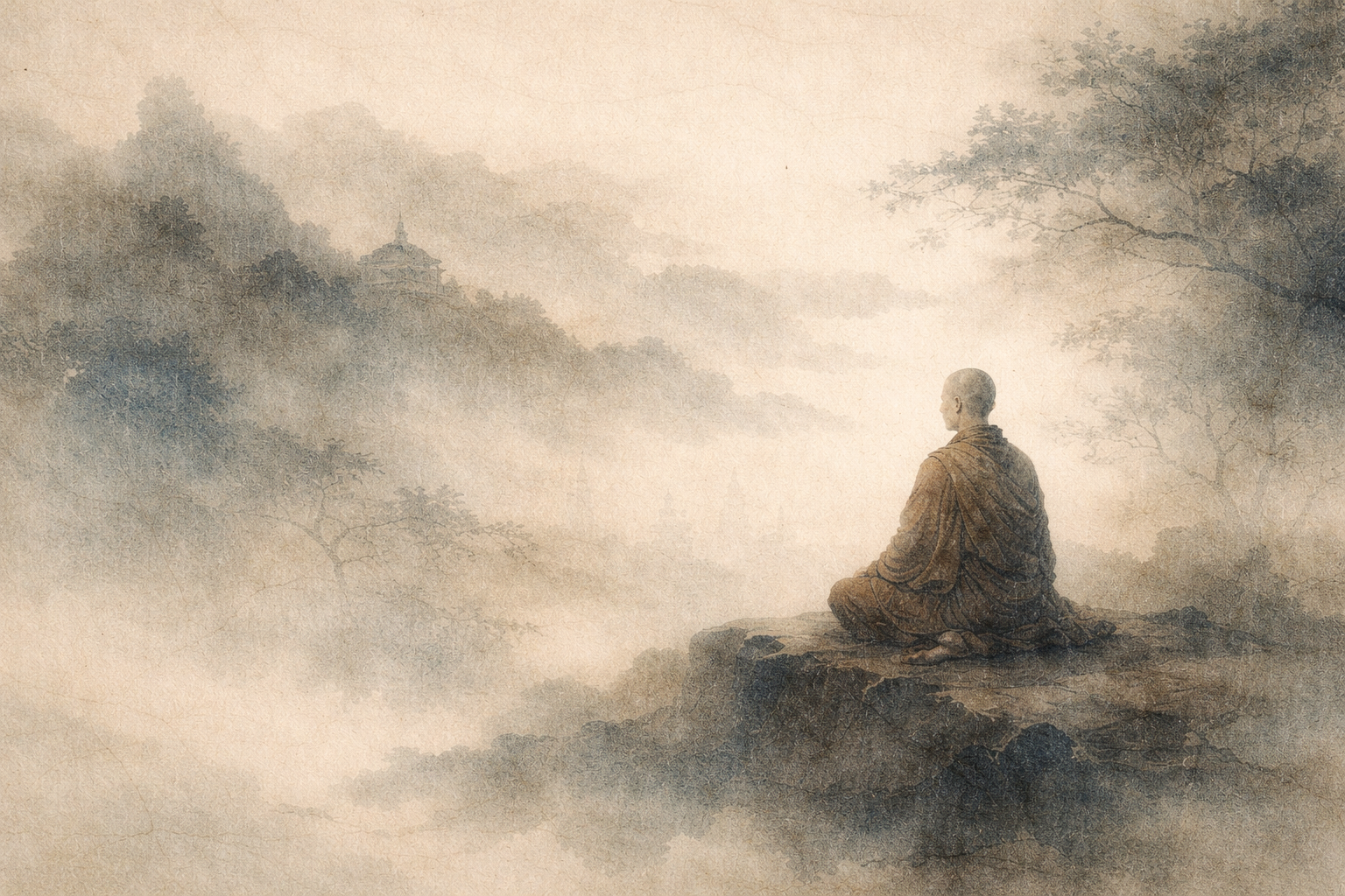 Watercolor-style image of a solitary meditator seated on a rocky overlook, gazing toward mist-covered mountains and a distant temple, symbolizing the diverse paths of meditation and the quiet journey toward inner understanding.