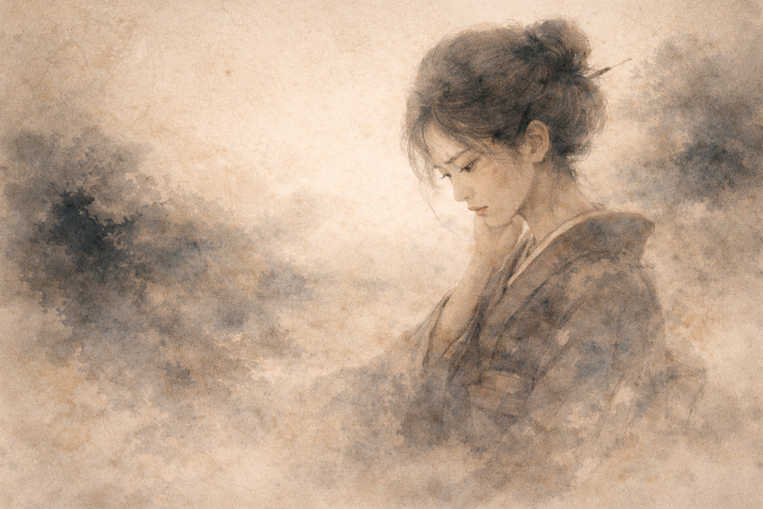 静かに下を見つめる人物が描かれた水彩風イメージ。やわらかな霧のような質感が内省や気づき、ヴィパッサナー瞑想における自己観察の静かなプロセスを象徴している。