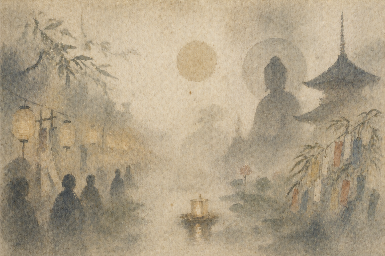 灯籠がやさしく灯り、人々が集い、奥に仏の気配が漂う霧のような情景。仏教の行事が「追悼・つながり・静かな内省」の時間であることを表している