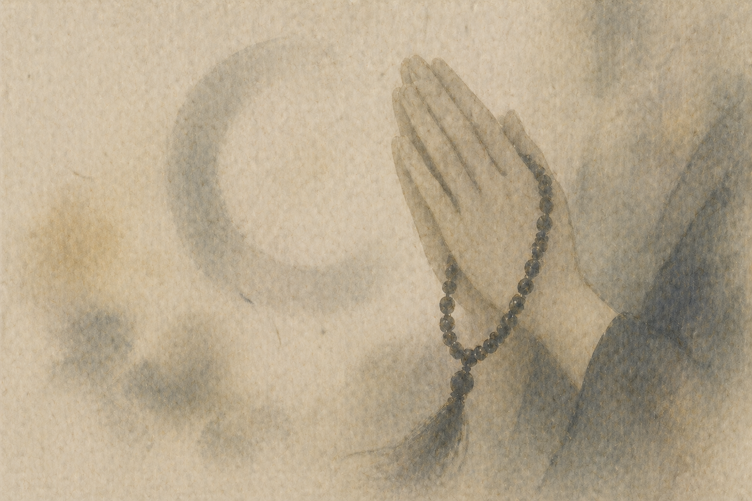 Close-up of hands gently pressed in prayer, holding a strand of Buddhist prayer beads (mala) against a soft, minimal background—symbolizing their use for counting recitations, focusing the mind, and supporting meditation