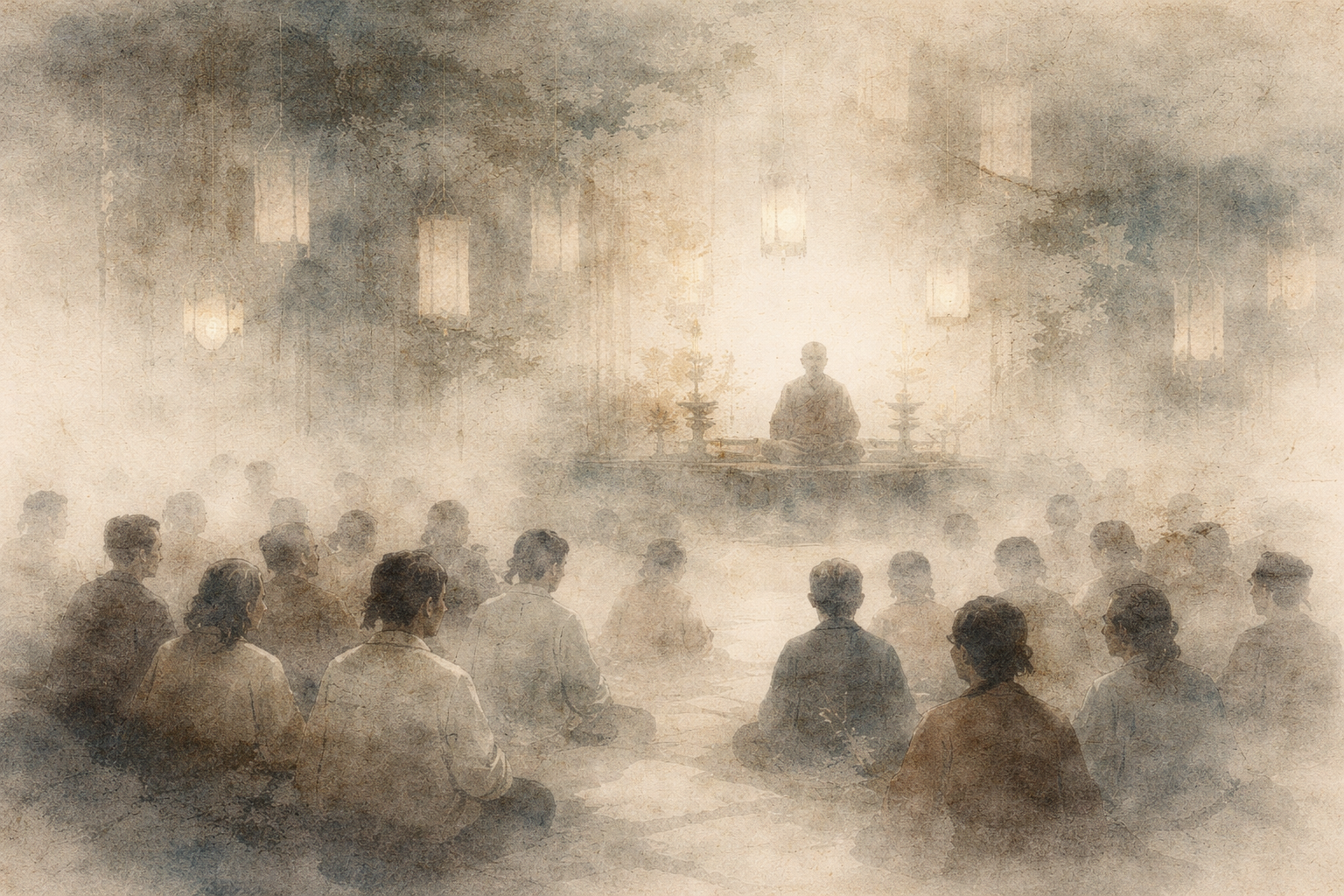 A calm gathering of practitioners seated before a monk in a softly lit temple, evoking the atmosphere of learning, discipline, and commitment that defines Buddhist monastic vows