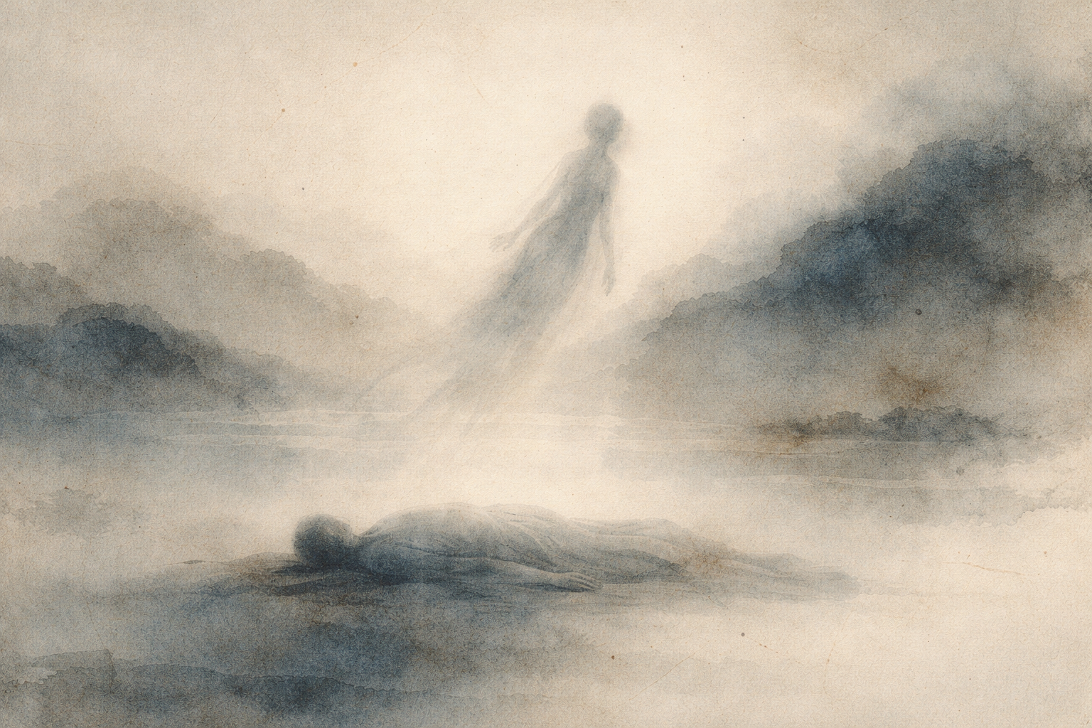 An ethereal scene of a human figure lying still as a faint, translucent form rises above it in a misty landscape—suggesting the subtle, symbolic idea of “spirits” in Buddhism as states of existence rather than fixed souls