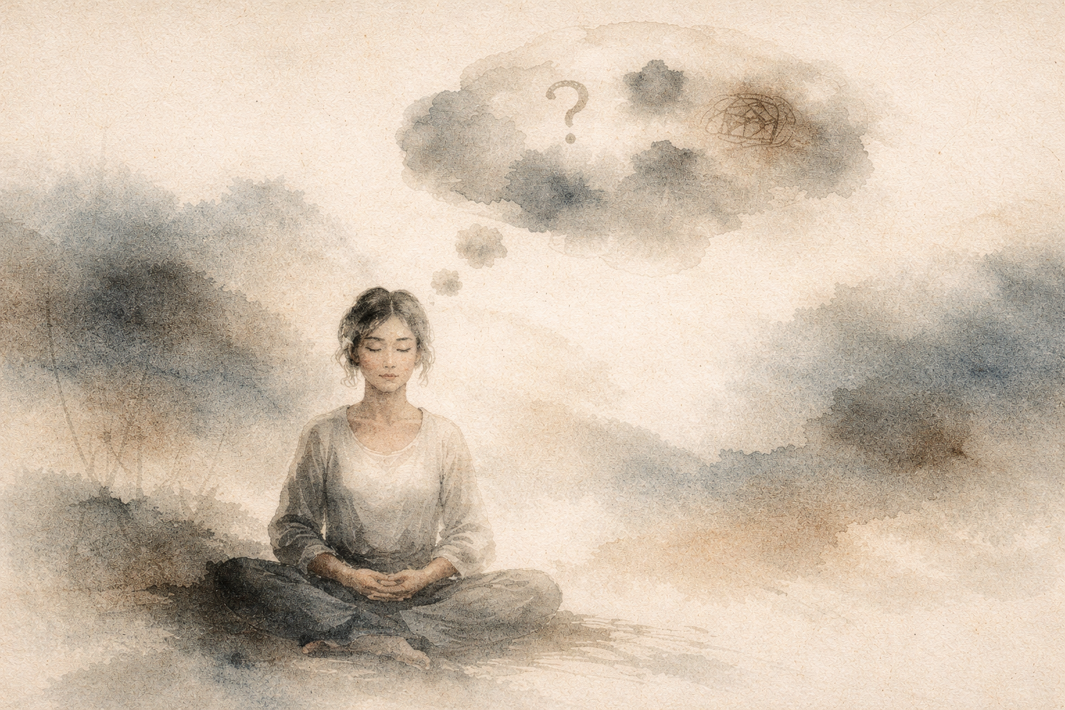 Watercolor-style image of a person sitting quietly in meditation while soft thought-like clouds containing a question mark and abstract scribbles drift above, symbolizing common uncertainty about what to focus on during meditation.